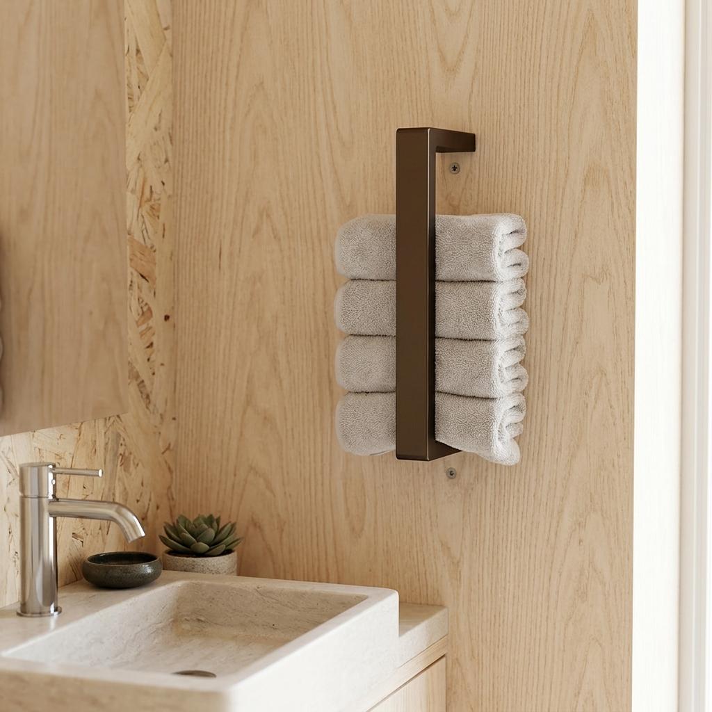 Badezimmer, modern und stilvoll, Handtuchhalter an der Wand neben dem Waschbecken, zusammengerollte Handtücher zwischen Wand und Handtuchhalter, wie auf Referenzbild2. Bad soll in hellen Farben gestaltet sein, mit natürlichen Elementen wie Holz,
der Handtuchhalter wurde viel zu groß dargestellt, es passen maximal 4-5 Handtücher rein, bitte kürzer machen
Der Handtuchhalter sollte etwas höher an der Wand platziert werden,