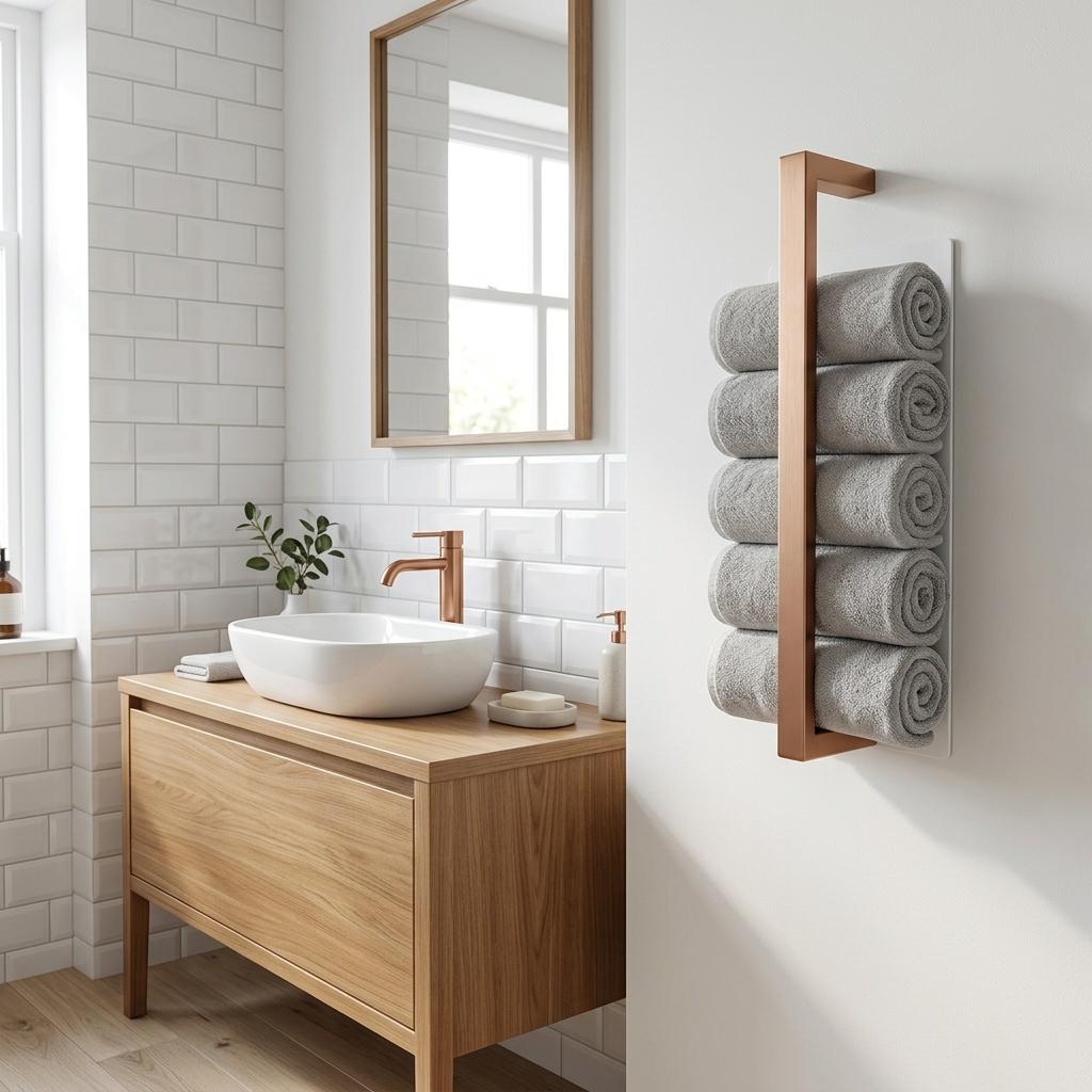 Badezimmer, modern und stilvoll, Handtuchhalter an der Wand neben dem Waschbecken, zusammengerollte Handtücher zwischen Wand und Handtuchhalter, wie auf Referenzbild2. Bad soll in hellen Farben gestaltet sein, mit natürlichen Elementen wie Holz,
der Handtuchhalter wurde viel zu groß dargestellt, es passen maximal 4-5 Handtücher rein, bitte kürzer machen
Der Handtuchhalter sollte etwas höher an der Wand platziert werden, 
entferne die sichtbaren Schrauben in der Wand und anstatt der Holzwand, soll über dem Waschbecken mit Metro Fliesen gefliest sein, die Wand mit dem Handtuchhalter soll weiß und glatt verputzt sein