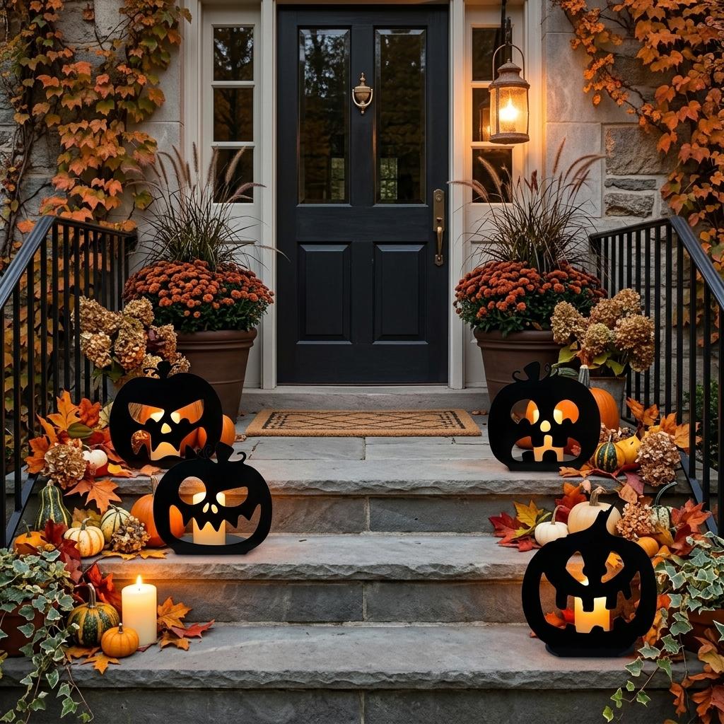 Hauseingang mit Treppe, je 2 Kürbisköpfe sollen links und rechts auf den Stufen stehen, mit einer Stumpenkerze hinterleuchtet, herbstliche Dekoration, elegant passend zu Halloween