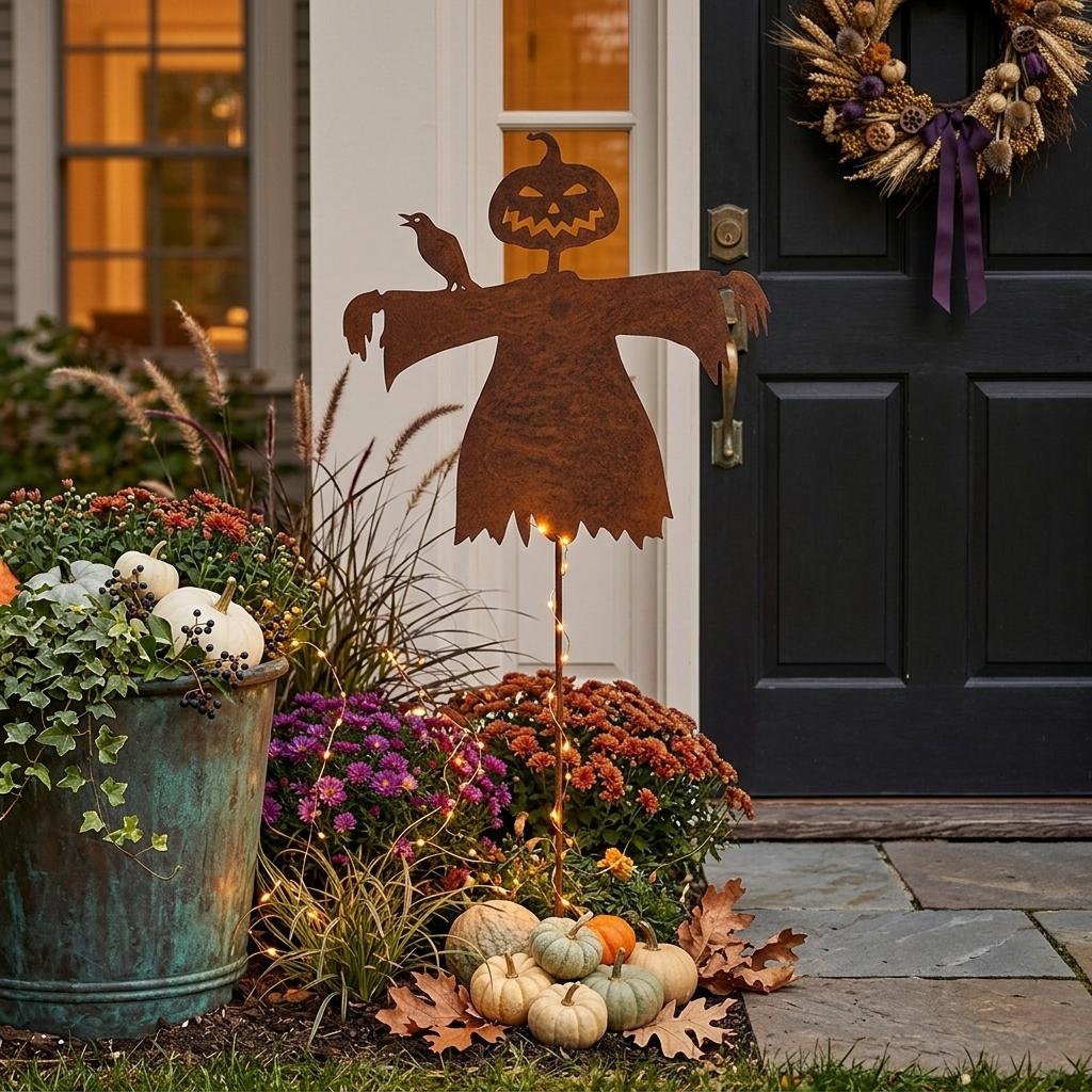 erstelle einen Hintergrund für den Gartenstecker, Halloween Stimmung, trotzdem stilvoll, Gartenstecker neben Hauseingang