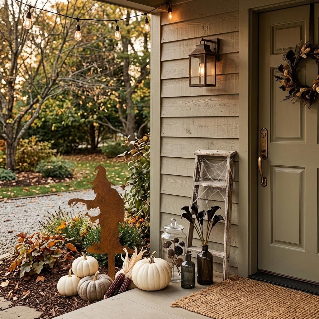 erstelle einen Hintergrund für den Gartenstecker, gruselige Halloween Stimmung, trotzdem stilvoll und modern und trotzdem ländlichen Charme, Gartenstecker neben Hauseingang, im Stil von Joanna Gaines, verkleinere die Hexe