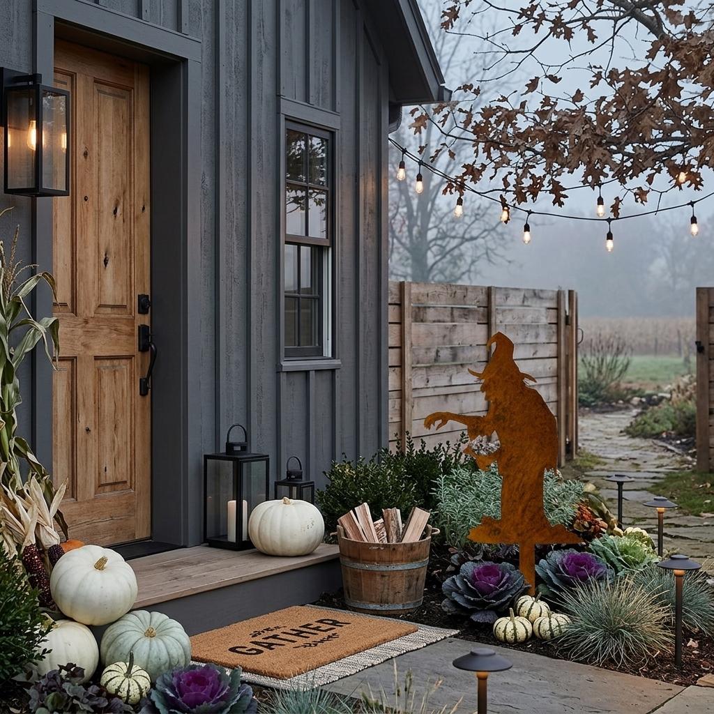 erstelle einen Hintergrund für den Gartenstecker, gruselige Halloween Stimmung, trotzdem stilvoll und modern und trotzdem ländlichen Charme, Gartenstecker neben Hauseingang, im Stil von Joanna Gaines, verkleinere die Hexe, sie ist maximal 60 cm hoch