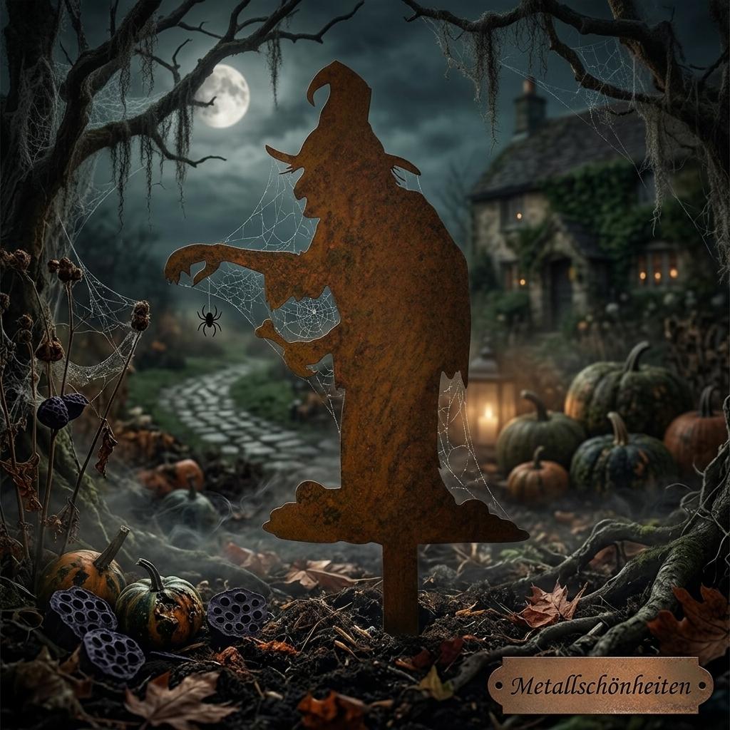 erstelle mir einen Hintergrund für den Gartenstecker im Referenzbild, das Bild soll für einen Post unserer Marke Metallschönheiten eingesetzt werden können,  gruselige Halloween Stimmung