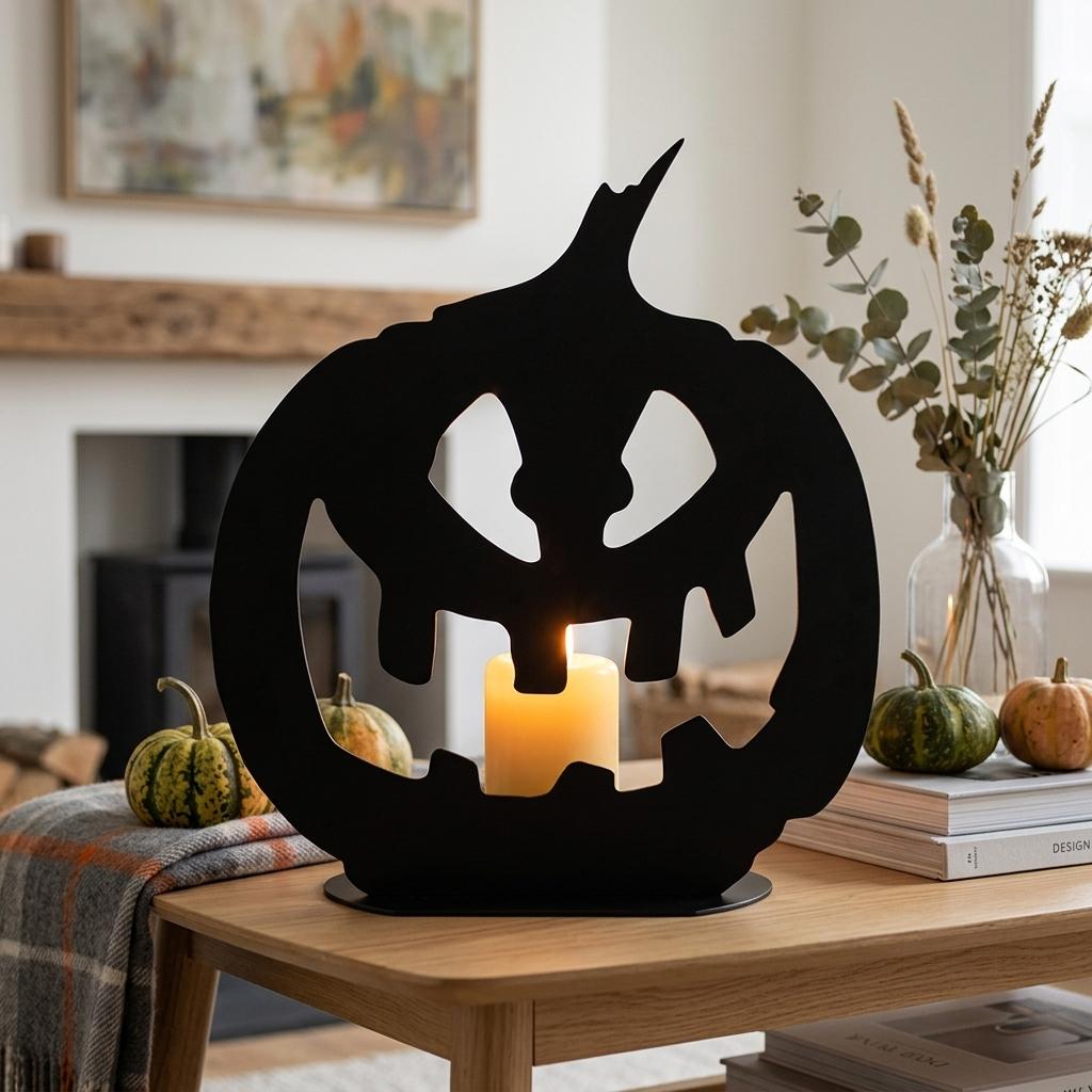 Erstelle einen Hintergrund für den Kürbiskopf aus dem Referenzbild, schönes Ambiente, evtl. auf dem Couchtisch, skandinavischer Einrichtungsstil, Kürbiskopf mit einer Kerze hinterleuchtet, herbstliche Stimmung