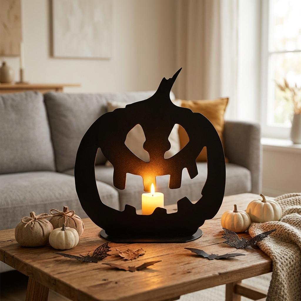 Erstelle einen Hintergrund für den Kürbiskopf aus dem Referenzbild, schönes Ambiente, evtl. auf dem Couchtisch, skandinavischer Einrichtungsstil, Kürbiskopf mit einer Kerze hinterleuchtet, herbstliche Stimmung, wie im Referenzbild 2