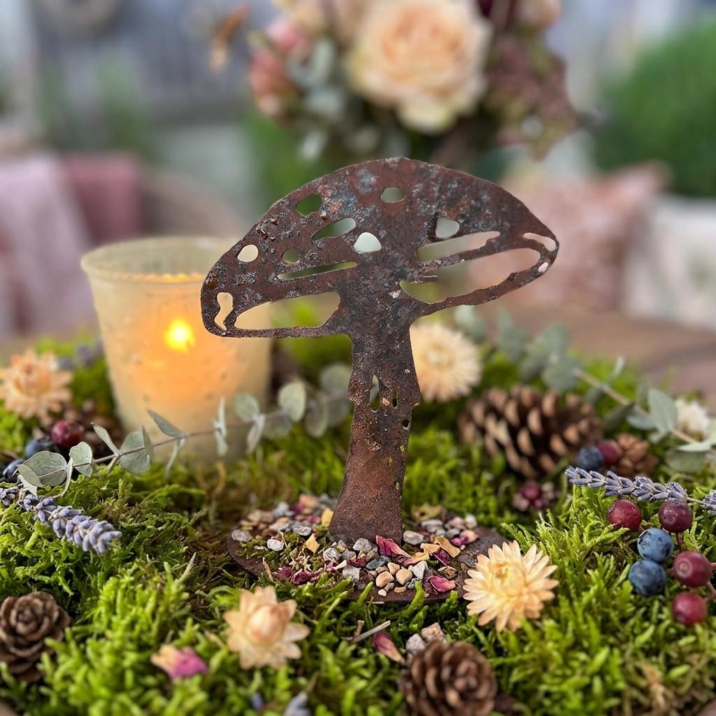 Erstelle einen neuen Hintergrund für den Pilz, floristisch gestaltet, mit Moos uw. kleines Windlicht