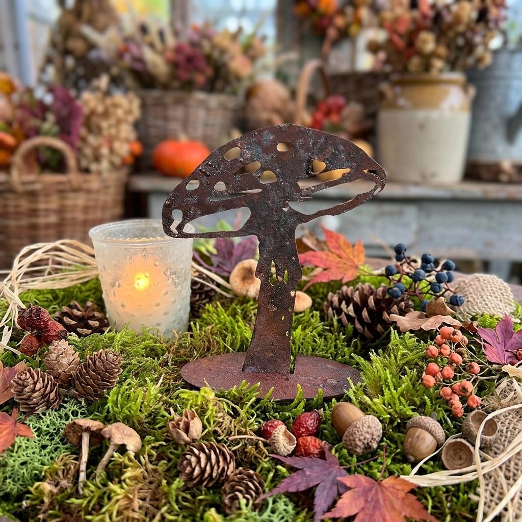 Erstelle einen neuen Hintergrund für den Pilz, floristisch herbstlich gestaltet, mit Moos usw. kleines Windlicht