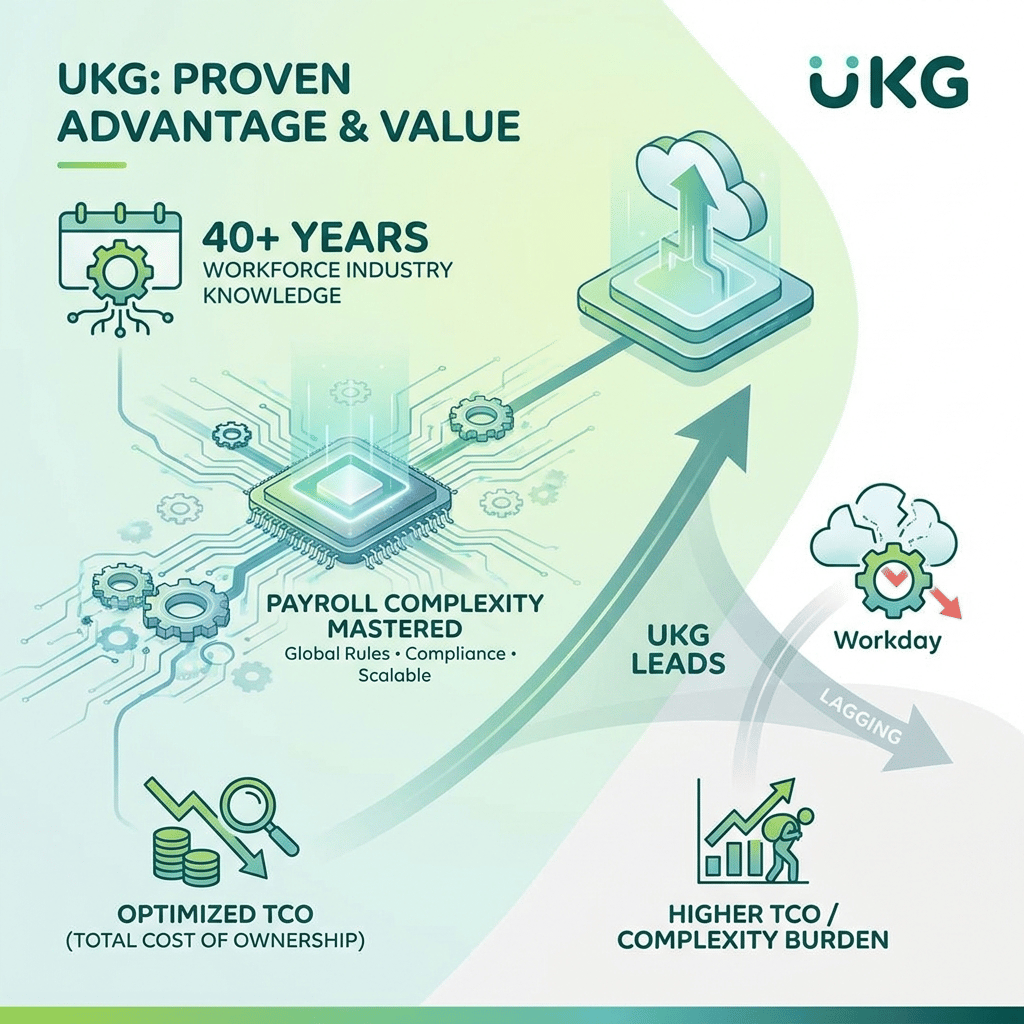 I work for UKG and am presenting on best practices to compete against Workday. I need a visual (not cartoon) that shows our 40 years of Workforce Industry knowledge, our ability to handle complexity in Payroll and our TCO. Have Workday losing . Make the color theme light green or white background (UKG Logo Theme). Put the UKG Logo on the slide too