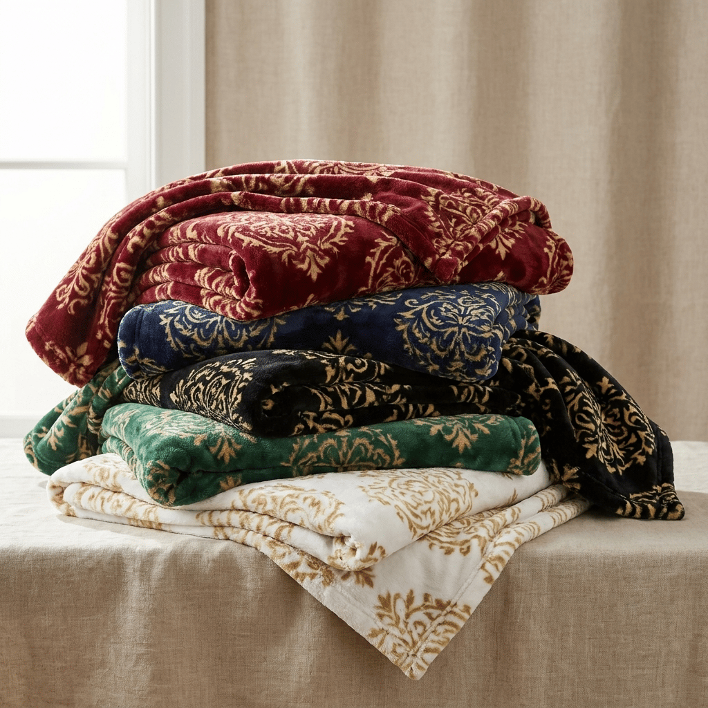 Create a photorealistic, premium product photograph featuring **multiple folded blankets arranged together in a beautiful, naturally layered stack**, with each blanket displaying a different colourway from the uploaded reference images.

**Critical instructions:**
- Include ONE separate blanket for EVERY reference design provided.
- Every blanket must retain its exact original printed pattern and colours.
- Do not redesign, reinterpret, simplify, recolour or combine any of the patterns.
- Each blanket must have enough visible surface area to clearly show its individual design.
- Arrange the blankets in a relaxed, slightly overlapping pile, with some folded and others gently draped to reveal more of their patterns.
- Ensure all colourways are visible, particularly the navy and red designs.
- Do not create additional colourways or duplicate designs.

**Photography style:**

High-end lifestyle product photography for a boutique homewares brand. Soft natural window light, realistic plush blanket texture, gentle shadows and a warm neutral linen backdrop. Organic, relaxed, timeless styling with subtle depth.

The blankets should be the main focus, with no distracting props, text or logos.

**IMPORTANT: This is a collection photograph, not an individual blanket photograph. The final image must clearly show all the different blanket designs from the reference images together in one scene.**