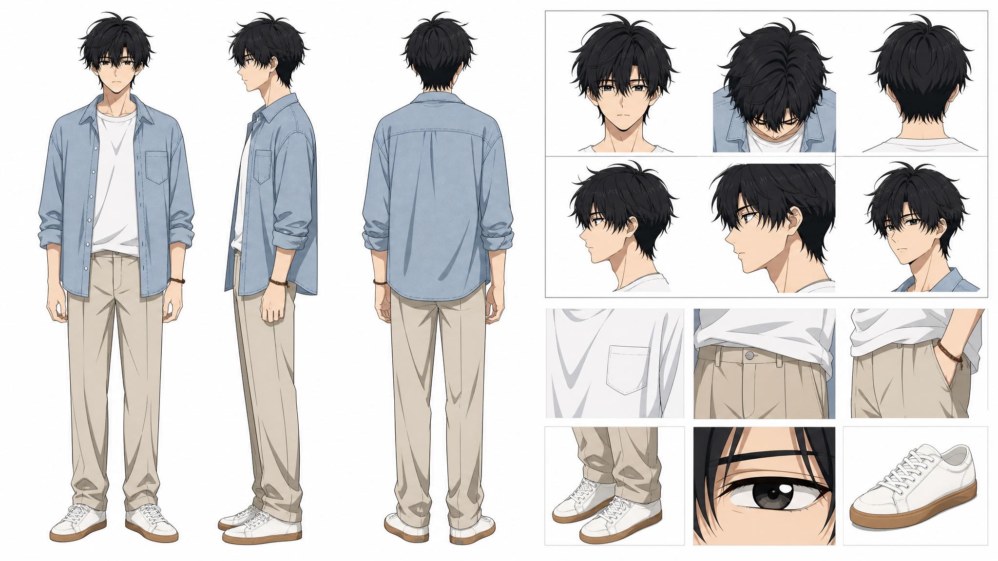 A high-precision, clean and minimal character design sheet / turnaround reference board in refined 2D anime production style, cel-shaded with two to three layers of flat shadows, delicate clean line art with dark brown-black fine outlines, line thickness stable and consistent. Pure white background, styled like a professional animation character model sheet for a modern romance slice-of-life series, with clear layout and unified neutral lighting.
The left side occupies the main area, showing full-body three-view of a single male character:
1. Front view, standing straight with arms naturally down
2. Left side view, standing straight with arms naturally down
3. Back view, standing straight with arms naturally down
All three views feature the same young man, around 20 years old. Tall and lean, slightly broad shoulders, slender oval face with a defined jawline and a slightly pointed chin, warm fair skin. Hair: fluffy messy black medium-short hair, naturally sticking up at the crown, long choppy fringe falling down to the eyebrows, partially covering the forehead and one eye, side strands framing the cheeks. Eyes: deep grey-black narrow almond-shaped eyes with clear upper eyelid lines, slightly drooping outer corners, thin straight eyebrows, straight nose bridge, thin lips. Expression: calm, lazy, slightly cool and reserved, with a natural restrained look.
Outfit (sunny and casual, replaced from school uniform): a loose white cotton crewneck T-shirt with a small minimal pocket, layered with an unbuttoned light blue denim shirt (washed effect, rolled-up sleeves), paired with light khaki relaxed-fit straight trousers with a single front pleat, and clean white canvas sneakers with gum soles. Accessories: a thin silver bead chain necklace tucked under the T-shirt collar, and a simple tan leather cord bracelet on the left wrist. Clothing fits naturally with gentle folds, neat but with a relaxed, effortless vibe.
The right side is divided into two sections:
Upper right section: neatly arranged grid of six head shots showing the same character from different angles:
1. Front face portrait
2. Top-down view (looking down at the top of the head, showing hair swirl and natural lift)
3. Back of the head / rear view (showing hair flow and nape hairline)
4. Left profile (side silhouette)
5. Close-up side profile (face in strict profile)
6. Three-quarter face view (3/4 profile)
All heads must have identical delicate facial features, same grey-black almond eyes, and the same fluffy black hair with clear hair strands, parting, and layered spiky tips.
Lower right section: neatly arranged grid of six close-up detail shots:
1. Close-up of the white T-shirt fabric texture and pocket fold (cel-shaded flat shading)
2. Close-up of the lower front torso showing the khaki trouser waistband and fly detail
3. Close-up of the hip area showing the relaxed drape and side seam of the trousers
4. Close-up of the knee and ankle area showing trouser creases and sneaker upper
5. Close-up of the eye and eyebrow (grey-black iris with sharp highlights, fine lashes)
6. Standalone full shot of the white canvas sneaker (single shoe, showing gum sole, laces, and side stitching)
All detail shots must match the main character's outfit and appearance exactly, with clean anime cel-shading, sharp flat shadows (two to three layers), and no realistic textures. The overall style is refined 2D animation character sheet, minimal, professional, unified, clean. Ample white space, landscape orientation (16:9 aspect ratio), full character visible, no cropping, no extra props, no text labels, no logos, no watermarks, no UI elements, no social media overlays. High-resolution anime render, sharp clean lines, subtle cool-warm lighting balance, low noise, cinematic animation quality.
--ar 16:9