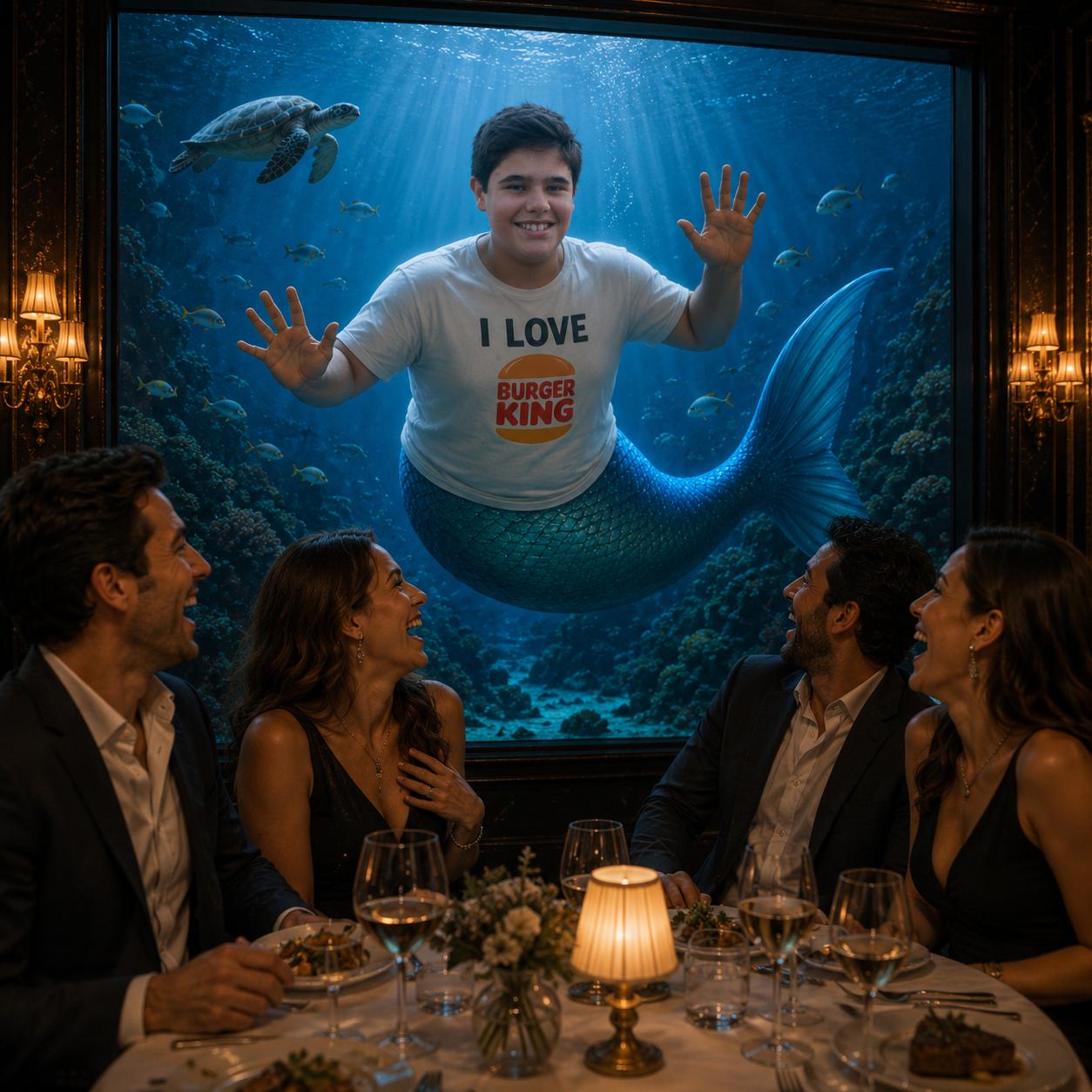 Ok now i am a mermade, looking out the huge aquarium window at a fine restaurant, this time my shirt says " I LOVE BURGER KING" , something like image 3, except the people arent scaree, they are laughing. Images 1 and 2 are for reference of me.