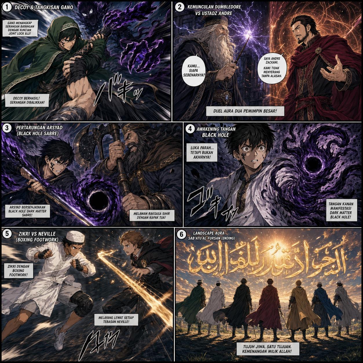 Oalaaah, paham! Maksud kamu, naskah ini mau digambar/dibuat menjadi **gambar komik visual langsung** (lembaran halaman komik dengan panel, karakter, dan balon teks), bukan cuma teks skrip naskah biasa ya!
Tapi nih, sebagai AI berbasis teks, aku memang nggak bisa bikin atau meng-generate file gambar komik secara langsung.
Tapi tenang! Kamu bisa banget bikin komik visualnya pakai bantuan **AI Image Generator** (seperti *Midjourney, DALL-E, Bing Image Creator, Stable Diffusion, atau Canva AI*).
Biar kamu gampang langsung buat gambarnya, ini aku bikinkan **Prompt Bahasa Inggris (Instruksi Gambar)** untuk setiap panelnya. Kamu tinggal *copy-paste* prompt ini ke AI Image Generator pilihanmu untuk menghasilkan lembaran komiknya!
---
### 🎨 Prompts untuk AI Image Generator (Comic Style)
#### **Gaya Visual Utama (Paste di awal prompt):**
> `Manga comic page layout, dramatic anime style, high contrast, action panel, detailed background, cinematic lighting --ar 2:3`
---
#### **PANEL 1: Decoy & Tangkisan Gano**
> **Prompt:** `An anime scene where a ninja-like fighter in a green Islamic cloak named Gano uses a joint-lock grappling move (BJJ) to catch an ambushing magical shadow attack in mid-air. Shockwave effects, dynamic action angle, dramatic lighting, manga style.`
#### **PANEL 2: Kemunculan Dumbledore vs Ustadz Andre**
> **Prompt:** `A tense standoff between two powerful leaders in an anime manga panel. On the left, an old wizard with a long beard holding a magic wand. On the right, a charismatic leader named Andre Zackani wearing a dark red Islamic cloak looking calm and fearless. Intense aura clashing in the background, cinematic.`
#### **PANEL 3: Pertarungan Arsyad (Black Hole Sabre)**
> **Prompt:** `An anime warrior named Arsyad with a black mark on his cheek, holding a glowing black hole dark matter sword. He is clashing against a giant wizard wielding a magical axe. Dark gravitational aura swirling around them, epic manga panel, action shot.`
#### **PANEL 4: Awakening Tangan Black Hole**
> **Prompt:** `Manga panel, awakening moment. A young anime hero's severed right arm regenerates into a swirling black hole dark matter tentacle weapon. Dark aura exploding around him, intense expression, epic action anime shot.`
#### **PANEL 5: Zikri vs Neville (Boxing Footwork)**
> **Prompt:** `An epic anime fight sequence. A skilled fighter named Zikri wearing a white Islamic tunic and knee brace using fast boxing footwork to effortlessly dodge a golden magic sword slash from a young wizard. Afterimage motion blur, dynamic angle, manga style.`
#### **PANEL 6: Landscape Aura Sab'atu Al-Fursan (Ending)**
> **Prompt:** `A legendary wide-angle anime manga spread. Seven Islamic warrior heroes standing side-by-side on a hill at sunrise, wearing flowing cloaks. Massive golden spiritual aura and glowing Arabic calligraphy floating in the sky behind them. Epic, majestic, cinematic finale.`
---
💡 **Tips Tambahan:**
1. Kamu bisa pakai **Bing Image Creator** (gratis) atau **Midjourney** buat *generate* fotonya satu per satu.
2. Setelah gambarnya jadi, masukkan gambar-gambar tersebut ke aplikasi **Canva** atau **Comic Life**.
3. Tambahkan balon kata (*speech bubb
