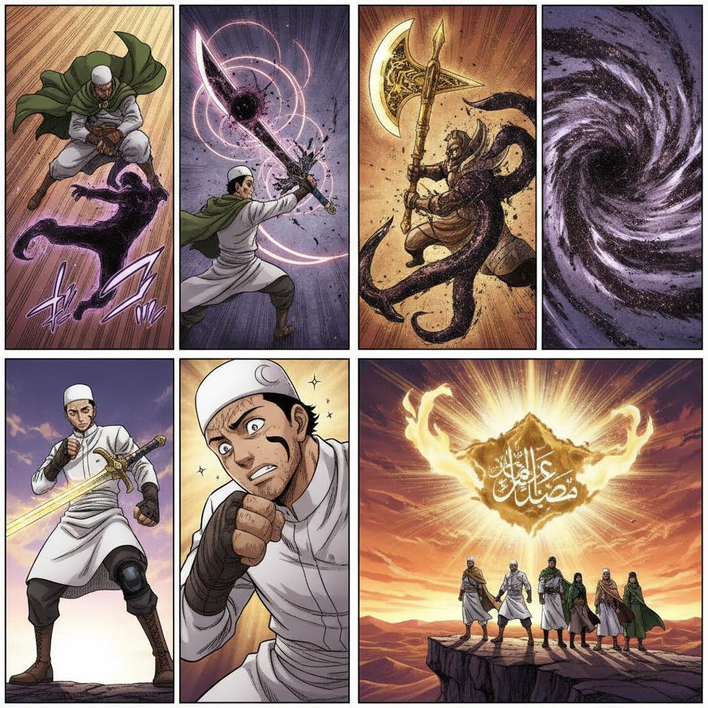 A dynamic 6-panel manga comic page layout focused entirely on epic anime martial arts action. Clean panels with NO text, NO numbers, NO captions, NO words.
Panel 1: An Islamic warrior named Gano in a green cloak executing a high-speed BJJ joint-lock grappling move mid-air against a shadowy magical attacker. Motion blur, speed lines.
Panel 2: Sword clash! Arsyad with a black mark on his cheek swings a glowing dark-matter black hole sword against a giant warrior's massive magical axe. Sparks and spatial distortion.
Panel 3: Awakening shot! Arsyad's right arm regenerates into a giant swirling black hole dark-matter tentacle limb, unleashing a massive dark gravitational explosion.
Panel 4: Zikri wearing a white Islamic tunic, songkok cap, and knee brace displaying fast boxing footwork and head movement, dodging a golden magic sword slash from Neville by millimeters.
Panel 5: Impact frame! Close-up slow-motion shot of Zikri landing a decisive boxing jab-cross punch right on Neville's chin, sending him flying back knocked out.
Panel 6: Wide cinematic landscape. Seven Islamic heroes (Sab'atu Al-Fursan) standing together at sunrise with flowing cloaks. A massive golden spiritual aura and glowing Arabic calligraphy floating high in the sky behind them.
High-contrast manga art style, intense shonen action, dramatic cinematic angles, clean comic layout --ar 1:1