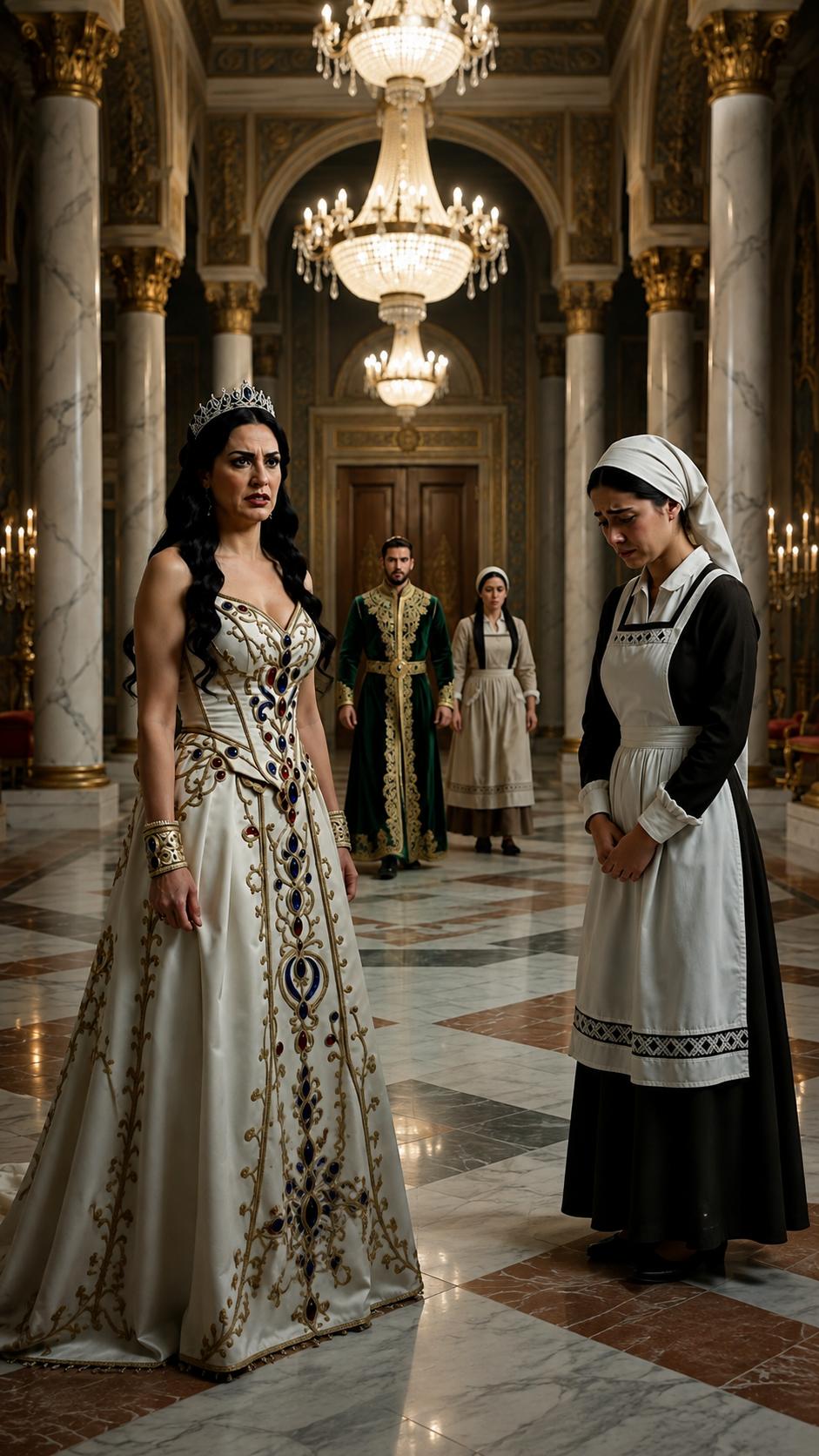 This picture needs just a very slight edit. What I want from you is simply to change the position of the second maid standing next to the prince. Make it look like she and the prince are coming towards the queen and the other maid. If it's possible to move them back a little towards the back door, that would be much better.
Photorealistic 8k style.
Don't change the colors, clothes, shapes, or body types.