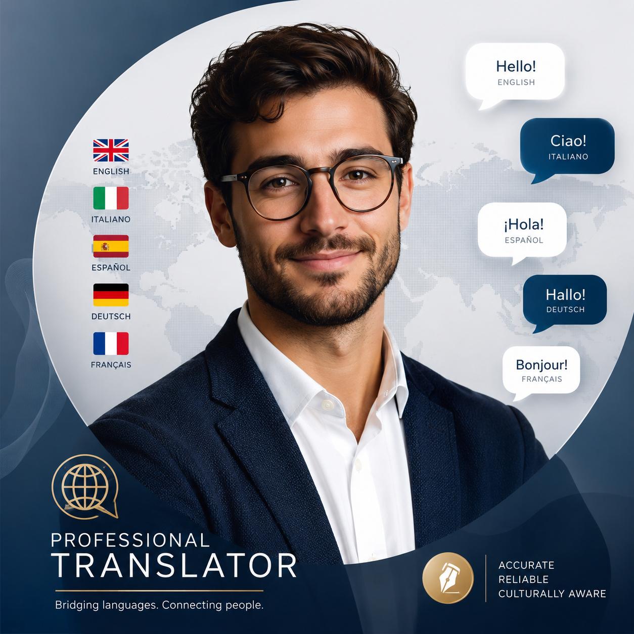 Crea un'immagine professionale in stile moderno e pulito per il profilo Fiverr di un traduttore esperto. Mostra un volto amichevole, professionale, con un tocco internazionale. Includi elementi sottili come icone di lingue o fumetti con testo tradotto. Usa colori eleganti, adatti a un brand personale affidabile, comunicando competenza e accessibilità senza sembrare amatoriale.