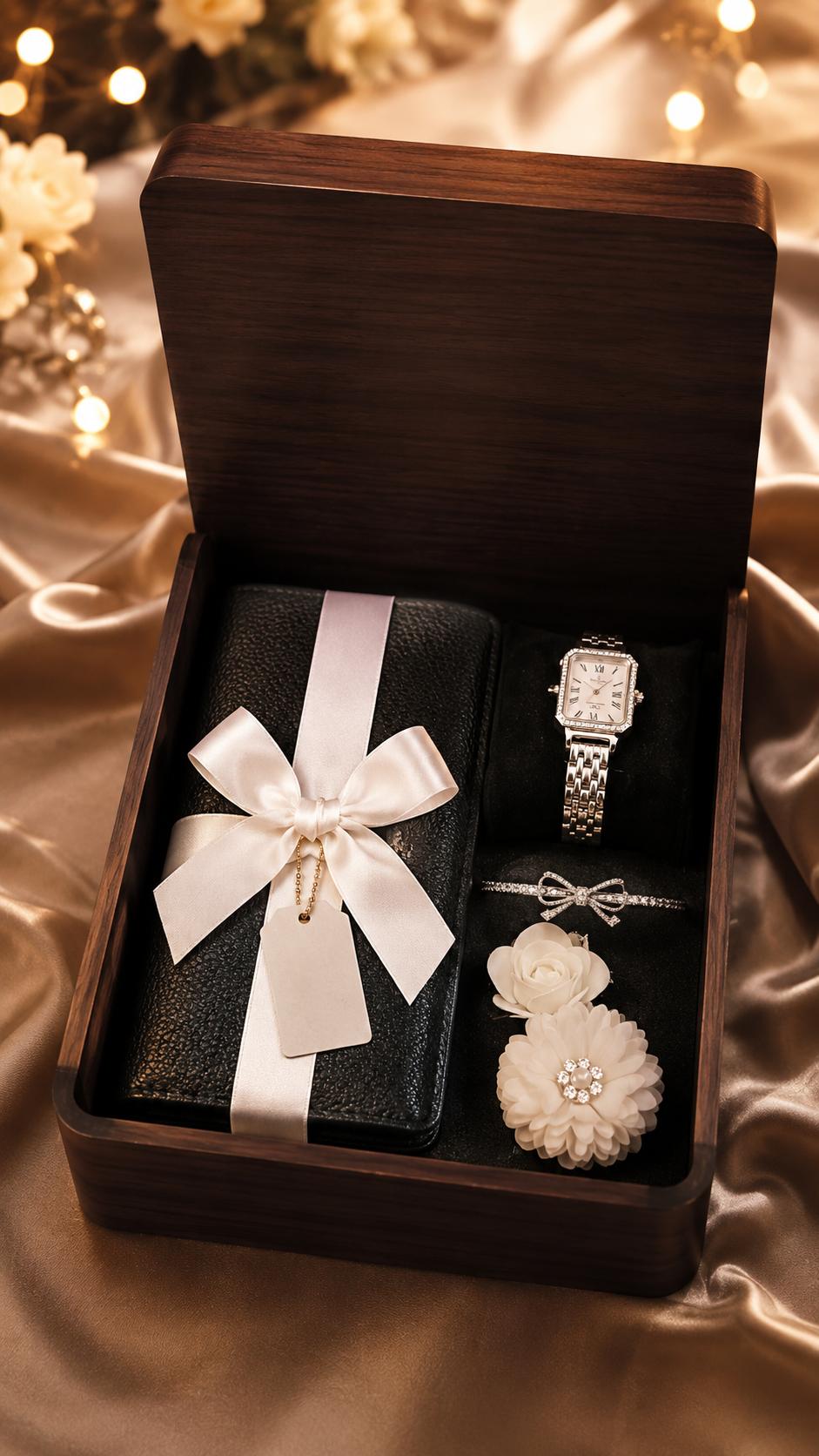 A high-end realistic product photography of an open dark wooden gift box with curved front edges and no lock, placed on elegant soft satin fabric background in warm beige and gold tones. Inside the box, the arrangement includes a black textured wallet tied with a clean white ribbon and a luxury tag, a silver wristwatch displayed on a black velvet cushion, a delicate silver bracelet with a bow shape, and decorative white artificial flowers arranged neatly on dark foam.
The lighting is warm, soft, and cinematic with gentle shadows, creating a premium luxury gift atmosphere. The background includes blurred bokeh lights and silky fabric folds. The composition is clean, symmetrical, and visually balanced, ultra-realistic, 4K detail, shallow depth of field, professional studio lighting, no watermark, no text distortion.