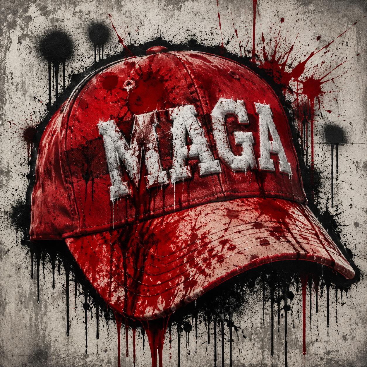 cappellino MAGA sporco di sangue, fammelo stile graffiti