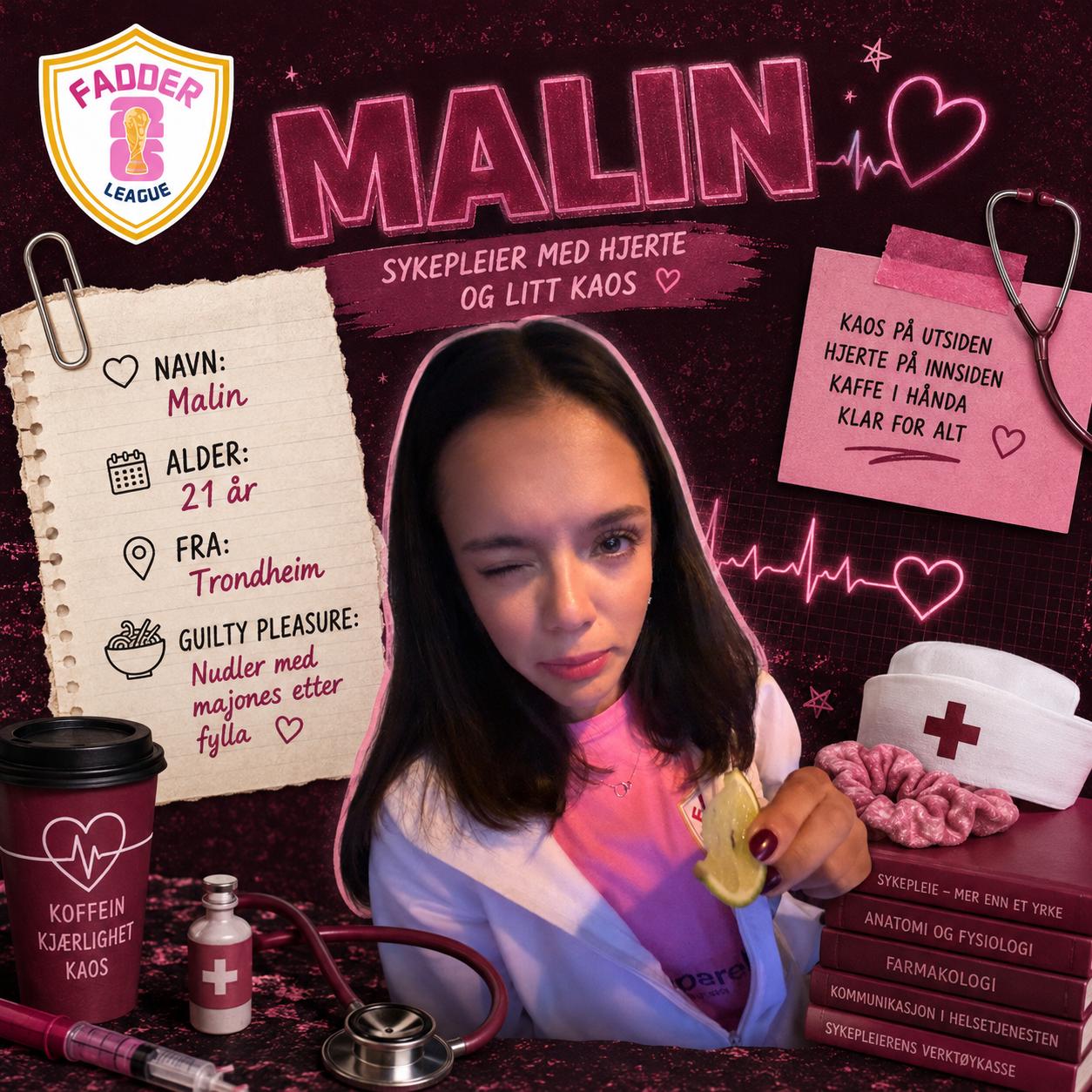 Prensentasjon av fadder på Instagram, poster
Bilde 1: Logo
Bilde 2 og 3: Inspirasjon (men ikke kopier)
Bilde 4: bilde av meg du skal bruke (men klipp bort bakgrunn)
Tekst du skal legge til er:
Navn: Malin
Alder: 21 år
Fra: Trondheim
Guilty pleasure: Nudler med majones etter fylla
Husk å ikke kopier helt det bilde som er til inspirasjon.
Jeg ønsker at fargetema skal være burgunder ish farge og at posteren skal ha et sykepleie preg.
Overskriften må være Malin og ikke fadder league, men fremdeles ha logoen på bildet