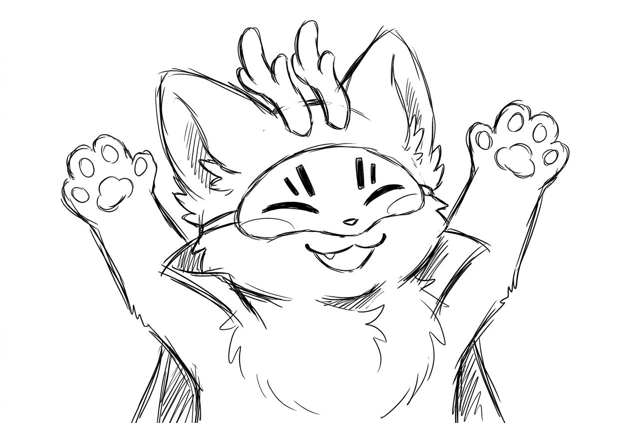 make a simple doodle of this guy in a simple loose line artstyle very sketchy bust portrait with apws up int he air, smiling. black lines, no color, mini,mal shading, very simple ms paint make sure it is the EXACT SAME CHARACTER