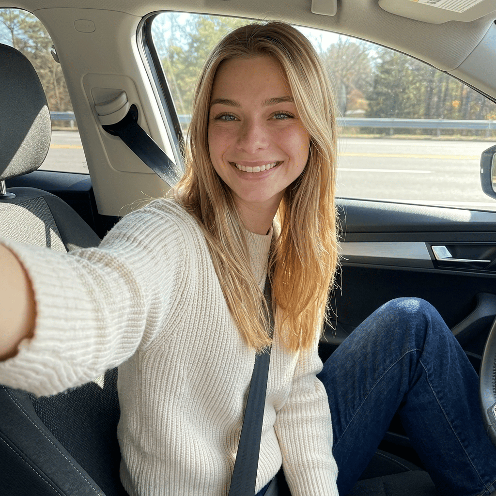 make her in the car taking a selfie in a different outift