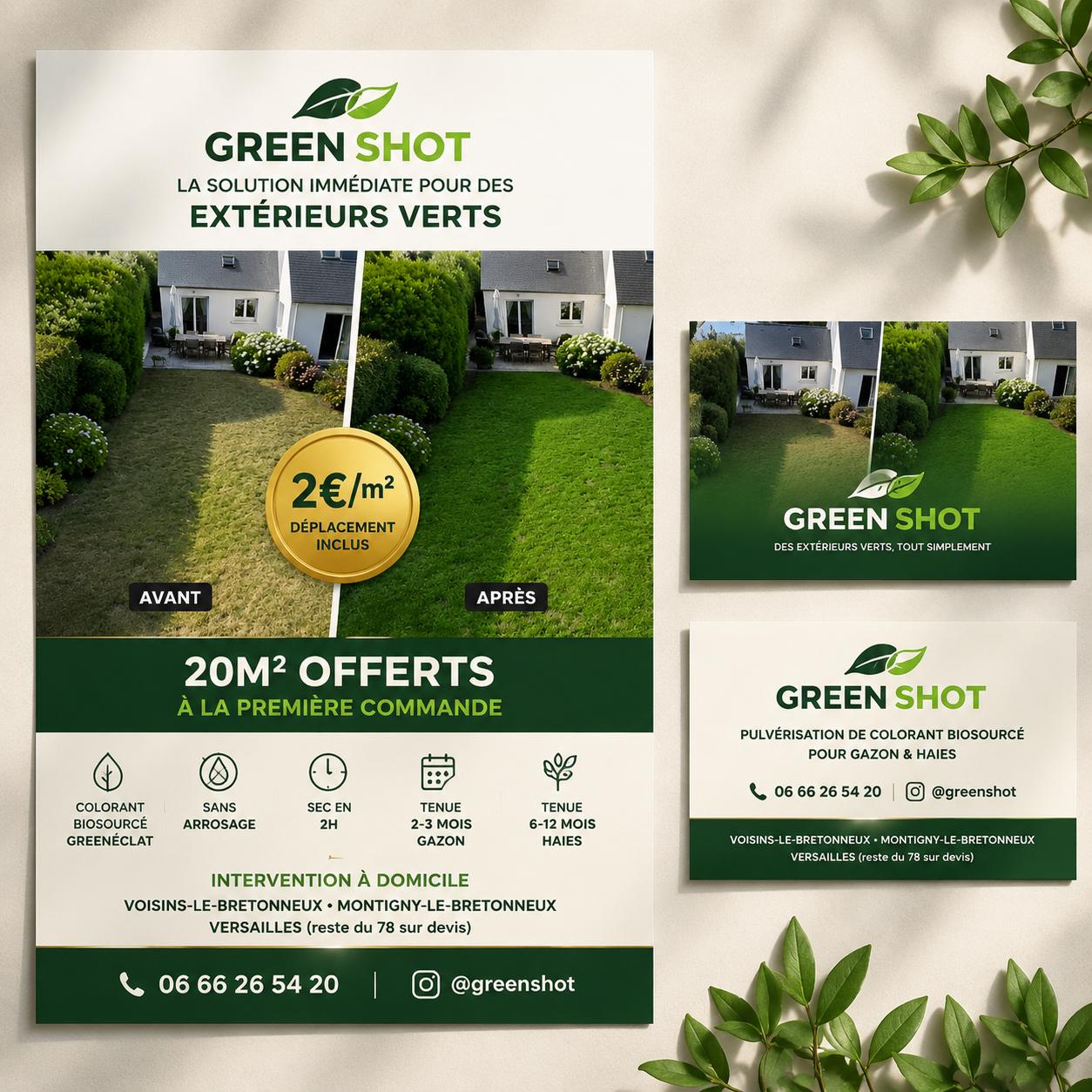 BRIEF — Supports de communication Green Shot
Le service : Green Shot, pulvérisation d'un colorant biosourcé (Greenéclat) qui rend les pelouses et haies jaunies immédiatement vertes, sans arrosage. Sec en 2h, tenue 2-3 mois sur gazon / 6-12 mois sur haies.
Cible : Particuliers avec jardin pavillonnaire à Voisins-le-Bretonneux, Montigny-le-Bretonneux, Versailles (reste du 78 sur devis).
Positionnement : Jeune, direct, efficace — pas une grosse boîte de paysagisme institutionnelle. L'effet avant/après est l'argument n°1, plus que le discours.
Contact : 06 66 26 54 20 · Instagram @greenshot
Offre commerciale : 2€/m² (déplacement inclus) + 20m² offerts à la première commande — à mettre TRÈS en avant.
Supports à produire : Flyer A5 (boîte aux lettres) + carte de visite recto-verso. (Le format Story Instagram/TikTok a été abandonné, pas jugé prioritaire.)
Photos : J'ai maintenant mes propres photos avant/après réelles (mon jardin/chantier test), déjà uploadées — à utiliser en priorité, pas de placeholders ni de photos trouvées en ligne.
Historique des itérations design (pour ne pas refaire les mêmes erreurs) :
V1 — trop chargé : motif diagonal façon "chantier" en fond, ruban + flèche + tags en même temps, trop de jaune saturé → jugé "subway/fouillis"
V2 — palette resserrée (vert dominant + touche d'or), hachures remplacées par illustration vectorielle d'herbe → encore jugé "fouillis"
V3 — structure simplifiée inspirée des vraies photos (split net, pastille de label), suppression flèche/ruban/silhouette → toujours "j'aime pas, un peu tout" + absence des vraies photos
V4 (version actuelle) — vraies photos intégrées en grand format, un seul élément signature (badge prix médaillon doré incliné sur la photo), offre en barre verte pleine largeur, carte de visite avec photo en fond plein cadre + dégradé
Leçon retenue : moins d'éléments décoratifs simultanés, une seule "signature visuelle" forte plutôt que plusieurs qui se battent, palette réduite (vert + touche d'or + cream/ink), et les vraies photos remplacent tout artifice.
Fichier de travail actuel : /mnt/user-data/outputs/greenshot_supports.html