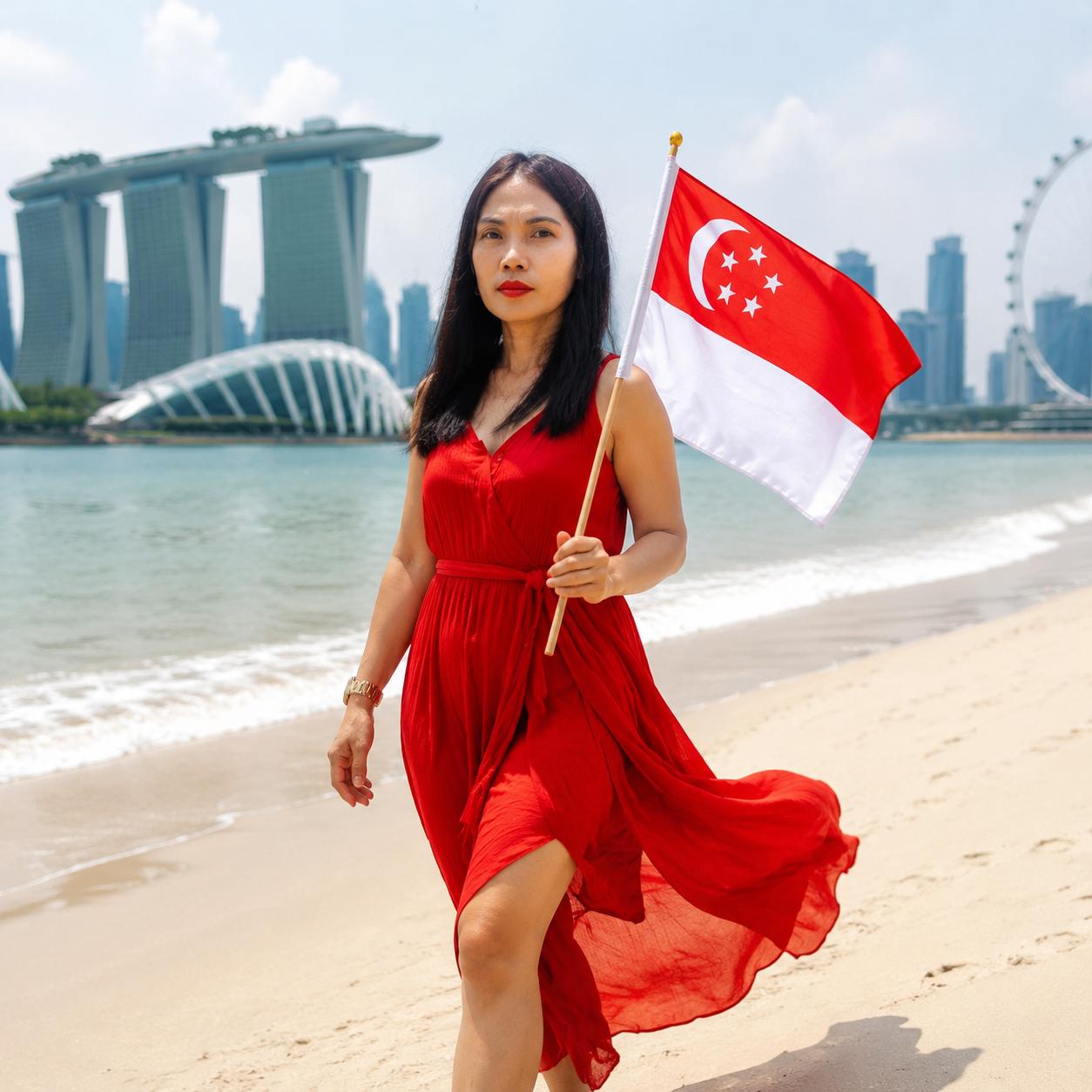 let her wear red dress carrying Singapore flag walking on beach