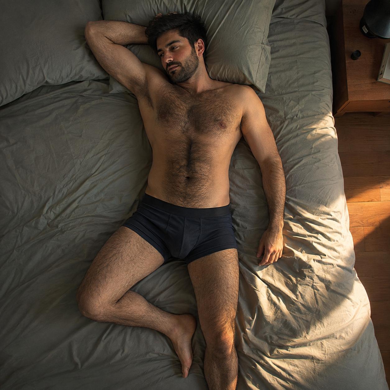 top down perspective of a dark haired fair skinned man with heavy body hair lying on top of his covers in boxers at dawn