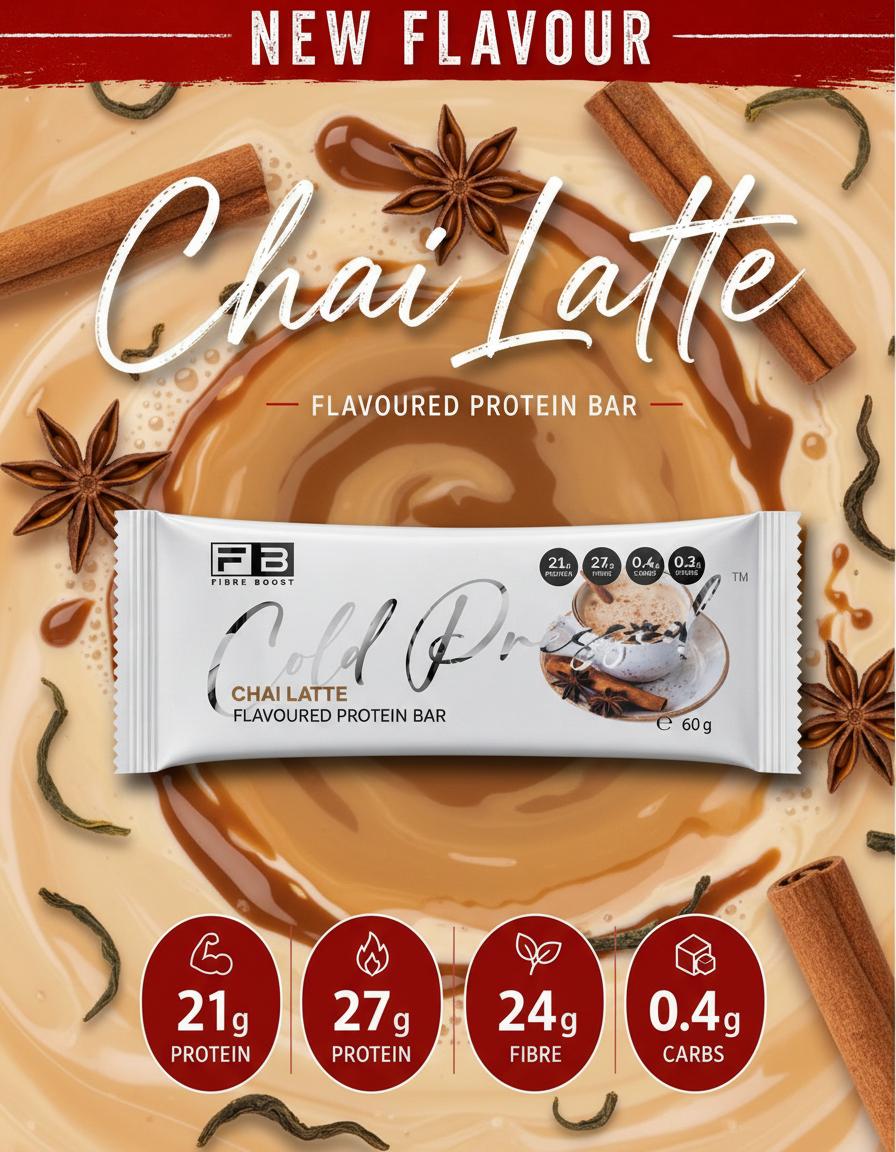 Create a infographic similar to the choc chilli image. Keep the new flavour banner at the top ion the circles use these words. in circle 1 21g protein in circle 2 27g fibre in circle 3 0/4g carbs, in circle 4 0.2 g sugar. Use the image of the bar provided and keep it exactly the same as it is, use the flavour chai latter for background theme