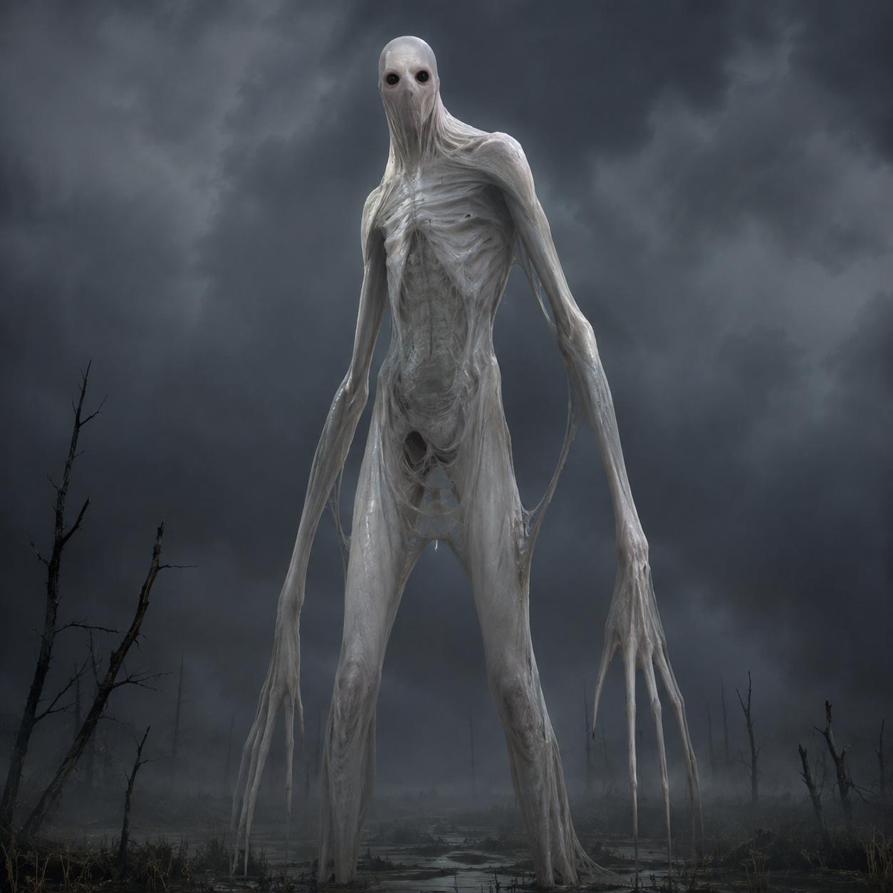make me a image of a tall withe monster with black eyes make it look skin like the skin is stretched over it