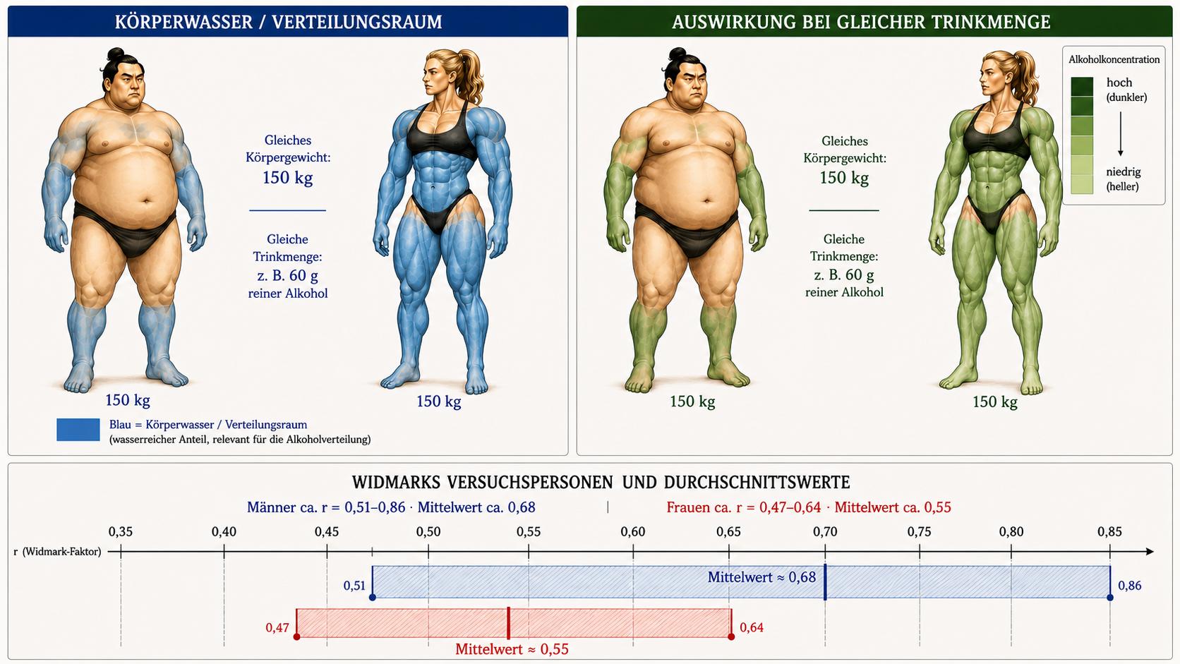 Bearbeite ausschließlich die farbliche Darstellung der Körperwasser-/Verteilungsanteile der beiden Personen im oberen linken Bild sowie die entsprechenden grünen Flächen derselben Personen im oberen rechten Bild.

Alle anderen Elemente des Bildes müssen exakt unverändert bleiben: Personen, Körperformen, Gesichter, Kleidung, Positionen, Größen, 150-kg-Angaben, Texte, Überschriften, Legenden, Widmark-Skala, Zahlen, Mittelwerte, Linien, Farben und Layout nicht verändern.

Körperwasser links – realistischer darstellen

Die blaue Farbe ist eine vereinfachte Visualisierung des wasserreichen Körperanteils bzw. des für die Alkoholverteilung relevanten Verteilungsraums. Sie soll nicht so aussehen, als bestünde ein Körperteil entweder vollständig aus Wasser oder überhaupt nicht aus Wasser.

Mann, 150 kg, sehr hoher Körperfettanteil:

Stelle einen geringeren, aber anatomisch plausibel verteilten wasserreichen Anteil dar.

Der Mann besitzt selbstverständlich auch erhebliche Muskel- und wasserreiche Gewebeanteile, insbesondere an Schultern, Oberarmen/Bizeps, Unterarmen, Brustmuskulatur, oberem Rücken, Gesäß, Oberschenkeln und Waden. Diese Bereiche sollen deshalb teilweise bzw. abgestuft blau sichtbar sein.

Der große Bauch und andere stark fettreiche Bereiche sollen dagegen überwiegend hautfarben bleiben bzw. nur einen deutlich geringeren blauen Anteil zeigen.

Vermeide harte horizontale Grenzen wie „ab hier Wasser, ab hier kein Wasser“. Verwende stattdessen organische, anatomisch nachvollziehbare Übergänge, die den höheren Muskelanteil der Extremitäten gegenüber dem stark fettreichen Rumpf erkennen lassen.

Frau, 150 kg, extrem muskulöse Bodybuilderin:

Stelle einen deutlich größeren wasserreichen Anteil dar als beim Mann. Aufgrund ihrer extrem hohen Muskelmasse sollen große Bereiche von Schultern, Armen, Brust-/Rumpfmuskulatur, Rücken, Gesäß, Oberschenkeln und Waden blau dargestellt werden.

Auch hier keine künstlichen geraden Grenzen. Die blaue Darstellung soll sich an der sichtbaren Muskulatur orientieren und insgesamt wesentlich umfangreicher sein als beim Mann.

Der Unterschied soll auf den ersten Blick verständlich werden:

Beide wiegen 150 kg, aber die sehr muskulöse Frau besitzt in dieser vereinfachten Darstellung einen wesentlich größeren wasserreichen Verteilungsanteil als der stark fettreiche Mann.

Rechte Bildhälfte

Die beiden Personen rechts müssen exakt dieselben anatomischen Flächen und Übergänge erhalten wie ihre jeweiligen Gegenstücke links.

Links blau markierte wasserreiche Bereiche entsprechen rechts den grün dargestellten Bereichen. Keine Körperregion darf rechts zusätzlich grün erscheinen, wenn die entsprechende Region links nicht als wasserreicher Anteil dargestellt wurde.

Beim Mann: kleinerer Verteilungsraum → dunkleres Grün / höhere Konzentration.

Bei der Frau: größerer Verteilungsraum → helleres Grün / niedrigere Konzentration.

Die Grünintensität darf variieren, aber die Form und räumliche Verteilung der markierten Bereiche muss exakt der blauen Darstellung links entsprechen.

Besonders wichtig

Keine neuen Texte oder Grafikelemente hinzufügen. Keine vorhandenen Texte verändern. Die untere Widmark-Grafik überhaupt nicht bearbeiten.

Das Ziel dieser Bearbeitung ist ausschließlich, die bisher zu grobe Körperwasser-Darstellung anatomisch plausibler und visuell verständlicher zu machen.