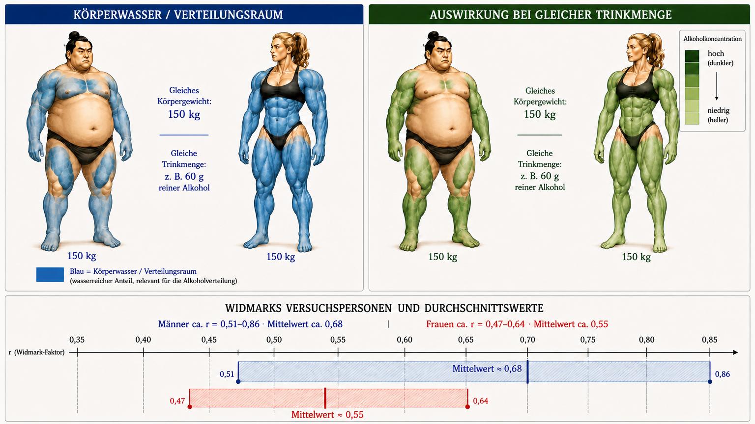Ändere ausschließlich die Blau- und Grünfärbung der vier Personen. Alles andere im Bild exakt unverändert lassen.
Die farbige Darstellung soll sich stärker an der sichtbaren Muskulatur orientieren.
Linker Mann: Überall dort, wo deutlich Muskulatur sichtbar ist, soll auch ein entsprechender blauer Körperwasser-/Verteilungsanteil sichtbar werden. Insbesondere Schultern, Brustmuskulatur, Oberarme/Bizeps, Unterarme, Oberschenkel und Waden stärker blau einfärben. Der Mann besitzt trotz seines hohen Körperfettanteils selbstverständlich Muskelmasse und wasserreiches Gewebe.
Der große fettreiche Bauchbereich soll dagegen überwiegend hautfarben bleiben. Auch andere deutlich fettreiche Bereiche weniger stark blau darstellen.
Wichtig: Nicht wieder einzelne Gliedmaßen vollständig und gleichmäßig blau färben. Die blaue Intensität soll sich organisch an den sichtbaren Muskelkonturen orientieren: deutlich sichtbare Muskulatur = stärkerer blauer Anteil; stark fettreiche Bereiche = deutlich weniger Blau.
Linke Frau: Da sie extrem muskulös ist, soll nahezu die gesamte deutlich sichtbare Muskulatur einen starken blauen Anteil zeigen: Schultern, Arme, Brust-/Rumpfmuskulatur, Bauchmuskulatur, Rücken-/Seitenbereich, Gesäß, massive Oberschenkel und Waden. Insgesamt muss bei ihr deutlich mehr wasserreicher Anteil sichtbar sein als beim Mann.
Die Darstellung soll unmittelbar zeigen:
Muskelreiches Gewebe → hoher wasserreicher Anteil.
Fettreiches Gewebe → wesentlich geringerer wasserreicher Anteil.
Rechte Bildhälfte: Übertrage anschließend exakt dieselben anatomischen Flächen von Blau auf Grün. Die grünen Bereiche dürfen weder größer noch kleiner sein als die entsprechenden blauen Bereiche links.
Mann = dieselben markierten Muskel-/wasserreichen Bereiche in dunklerem Grün.
Frau = dieselben markierten Muskel-/wasserreichen Bereiche in hellerem Grün.
Keine Personen verändern. Keine Körperformen verändern. Keine Texte, Zahlen, Skalen, Legenden oder das untere Diagramm verändern. Ausschließlich die farbige anatomische Markierung korrigieren.