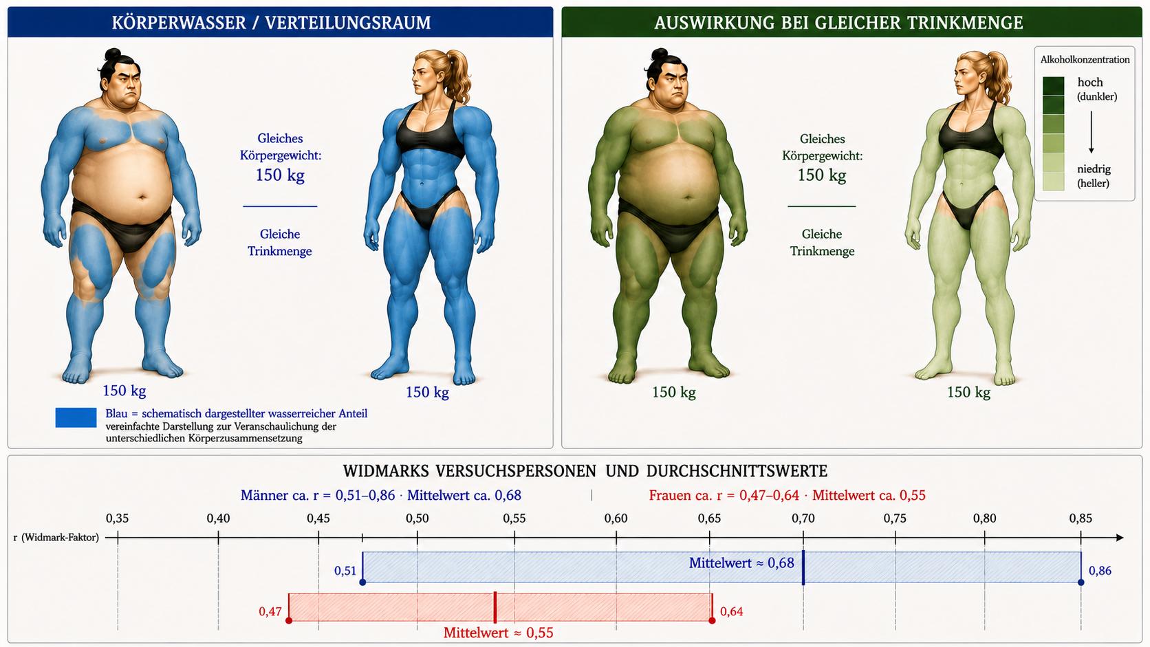 Bearbeite ausschließlich die nachfolgend ausdrücklich genannten Elemente der vorhandenen Infografik. Alles andere muss pixelnah bzw. so exakt wie möglich unverändert bleiben.

NICHT verändern: Körperformen, Personen, Gesichter, Posen, Kleidung, Positionen, Größen, 150-kg-Angaben, obere Aufteilung, Überschriften, Grün-Legende, untere Widmark-Skala, r-Bereiche, Mittelwerte, Zahlen, Linien, Farben des Diagramms und gesamtes Layout.

1. Linke Darstellung – Körperwasser

Behalte die grundsätzlich vorhandene blaue Darstellung der unterschiedlichen wasserreichen Körperanteile bei.

Die blaue Markierung soll weiterhin an der sichtbaren unterschiedlichen Körperzusammensetzung orientiert sein:

Beim 150-kg-Mann mit hohem Fettanteil: sichtbare Muskulatur an Schultern, Brust, Armen, Oberschenkeln und Waden weiterhin blau bzw. teilweise blau darstellen. Den großen fettreichen Bauchbereich überwiegend hautfarben lassen.
Bei der extrem muskulösen 150-kg-Frau: deutlich größere Bereiche der sichtbaren Muskulatur blau darstellen. Sie soll insgesamt klar einen wesentlich größeren schematisch dargestellten wasserreichen Anteil zeigen.

Die Darstellung darf aber nicht den Eindruck erwecken, dass nur die blau markierten Körperteile Körperwasser enthalten.

Deshalb die bisherige Beschriftung

„Blau = Körperwasser / Verteilungsraum“

ersetzen durch:

„Blau = schematisch dargestellter wasserreicher Anteil“

Darunter klein:

„vereinfachte Darstellung zur Veranschaulichung der unterschiedlichen Körperzusammensetzung“

2. Rechte Darstellung – Alkoholkonzentration

Die beiden Personen rechts müssen körperlich exakt dieselben Personen wie links bleiben.

Die grüne Darstellung soll den Zusammenhang unterschiedlicher Verteilungsraum → unterschiedliche Alkoholkonzentration visualisieren und darf nicht so wirken, als befände sich Alkohol ausschließlich in einzelnen grün markierten Muskeln.

Orientiere die grünen Bereiche weiterhin an den links schematisch dargestellten wasserreichen Anteilen, aber gestalte die Übergänge weich, flächig und schematisch, nicht wie isolierte grüne Muskelgruppen.

Beim Mann soll der kleinere dargestellte Verteilungsraum durch deutlich dunkleres Grün die höhere Alkoholkonzentration symbolisieren.

Bei der Frau soll der größere dargestellte Verteilungsraum durch deutlich helleres Grün die niedrigere Alkoholkonzentration symbolisieren.

Die vorhandene Grün-Legende oben rechts mit

„Alkoholkonzentration – hoch (dunkler) / niedrig (heller)“

unverändert beibehalten.

3. Trinkmenge vereinfachen

Entferne auf beiden oberen Bildhälften ausschließlich:

„z. B. 60 g reiner Alkohol“

Es soll dort nur noch stehen:

„Gleiche Trinkmenge“

Dadurch soll die Grafik ein allgemeines Gedankenexperiment darstellen und keine konkrete BAK-Berechnung suggerieren.

WICHTIG

Die untere Widmark-Grafik überhaupt nicht verändern. Alle dort vorhandenen Werte und Positionen exakt beibehalten.

Keine neuen Pfeile, Kästen, Erklärungen, Formeln, Zahlen oder Symbole hinzufügen.

Die zentrale Aussage soll innerhalb weniger Sekunden visuell erkennbar sein:

Gleiches Körpergewicht + gleiche Trinkmenge → unterschiedliche Körperzusammensetzung → unterschiedlicher Verteilungsraum → unterschiedliche Alkoholkonzentration.

Die Grafik ist eine schematische didaktische Veranschaulichung und keine anatomische Darstellung der tatsächlichen lokalen Alkoholverteilung im Körper.