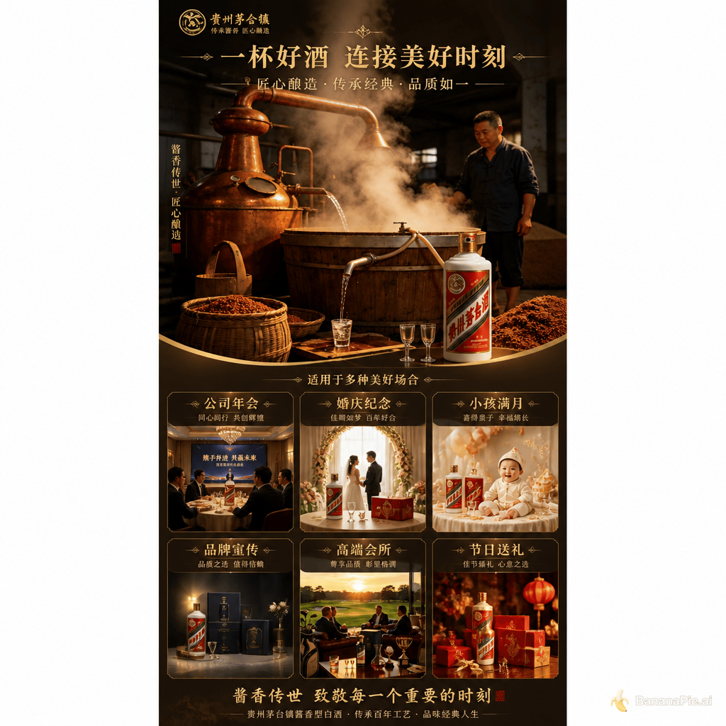 制作一张以酿酒为主要画面，以公司年会、婚庆纪念、小孩满月、品牌宣传、高端会所 (高尔夫球等)、节日送礼各种不同场合下，画面配相应文字的海报 高164.5 宽62的尺寸