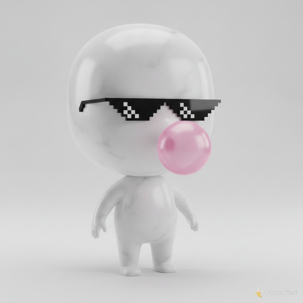Full-body cute 3D chibi mascot character based on this marble bust statue,
keep the classical white marble texture and curly hair, keep the black pixelated
"deal with it" sunglasses and pink bubblegum bubble, but redesign as a small
adorable character with a big round head, tiny short arms and legs, chubby
rounded body, standing pose, Pixar/claymation style, soft studio lighting,
smooth marble-like skin texture, simple clean background, full body visible
head to toe, vinyl toy / collectible figure aesthetic
