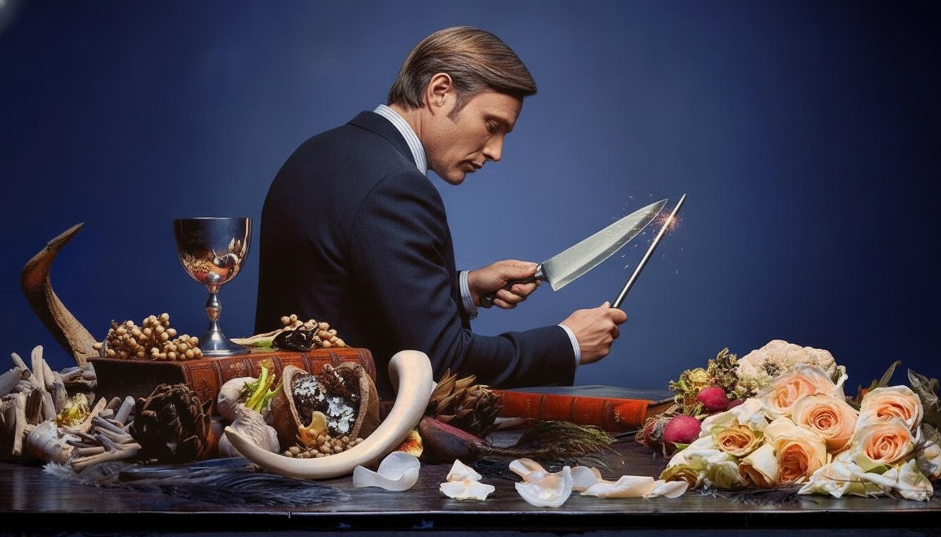The edited image is based on the uploaded image, the edited image contains no text. The edited image contains the man in the suit with his back turned visibly sharpening a cooking knife. All other elements of the original image remain the same.