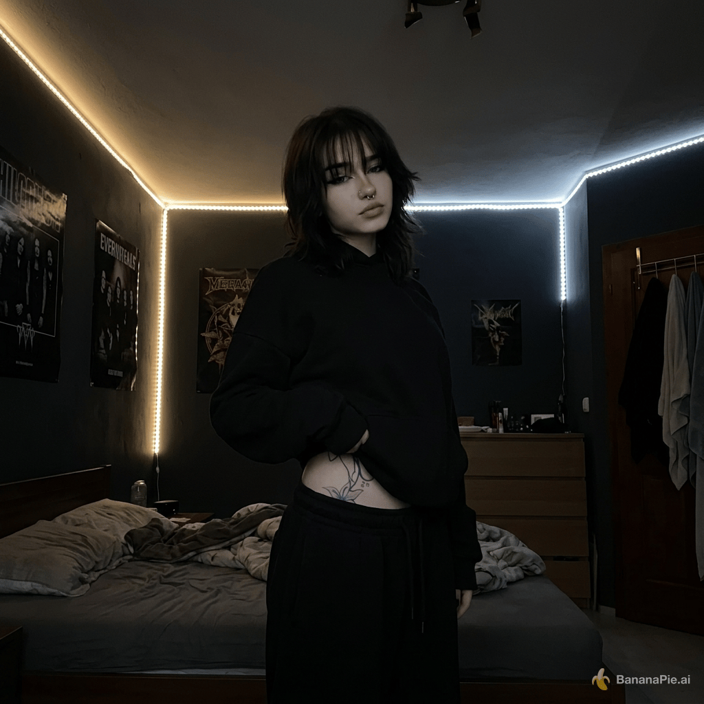 Make her to see the full body or to waist and the foto has to be in her room and its like dark room with white lights