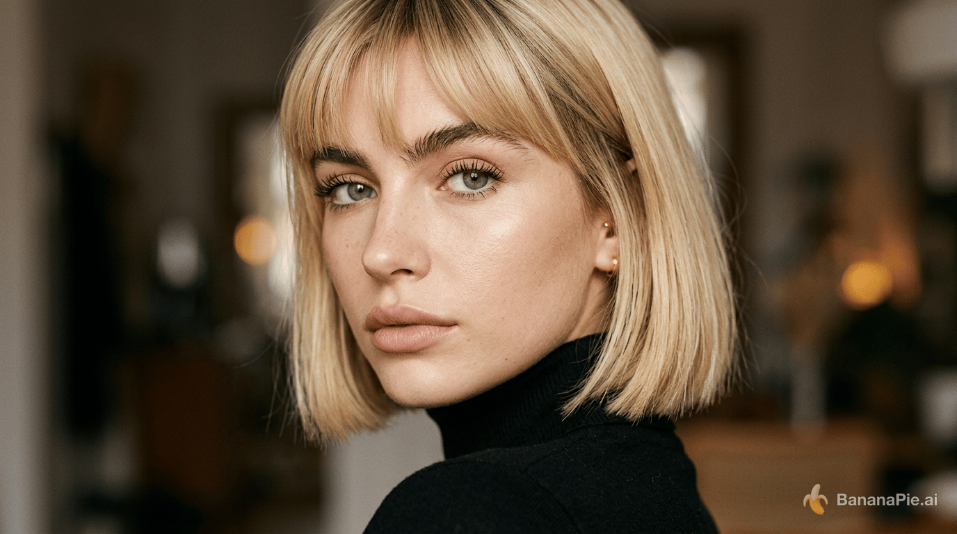 close-up editorial beauty portrait of a young woman, face filling most of the frame, blonde chin-length blunt bob haircut with full bangs, soft golden blonde color with darker roots, pale warm skin with visible natural texture and faint freckles across nose and cheeks, light green eyes, long curled lashes, thick natural brows, straight sculpted nose, soft full nude pink lips, black turtleneck sweater, over-the-shoulder pose, turning her face back toward the camera, slightly lowered chin, subtly parted lips, neutral and detached expression, elegant and sophisticated mood, indoor blurred background, soft flash photography, frontal lighting with slight left-side emphasis, glossy highlights on forehead, cheekbones, nose tip and chin, shallow depth of field, realistic fashion photography, luxury magazine beauty shot, 85mm lens, square crop