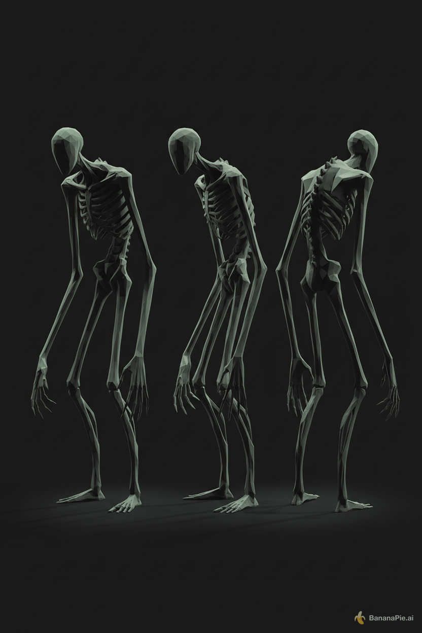 Low-poly stylized horror creature concept, revision of an elongated humanoid,
2.7m tall, emaciated "formerly-human" frame, DISTINCTLY ASYMMETRIC: left arm
visibly ~10% longer and drooping lower (fingertips near the floor), left
shoulder hiked higher than the right, torso twisted, weight pitched forward so
it reads "should not be able to stand but is standing". Limbs too-long too-thin
with EXPLICIT extra joint segments: double elbows and double knees rendered as
angular dislocated fold-broken joints (reverse-folded, bent the wrong way),
NOT ball joints. Six-fingered hands, fingers too long and splayed open. Tiny
featureless head fused into a sloped shoulder ridge with NO face — a hollow /
unreadable shadow where a face should be, no eyes, no expression. Ribcage as
sharp angular fold-line ridges protruding through the torso, slight twist. ALL
edges sharp and faceted, NO smooth curves, NO chibi proportions. Desaturated
near-black cold gray (HSV ~205°, 10%, 10%) with the faintest sickly desaturated
green tint, never alarm red, never high saturation. Single harsh directional
light, hard-edged light pool, rapid falloff into deep black shadow, matte
vertex-color flat style, no PBR, no normal map, no gloss. Full-body turnaround
reference sheet, front/side/back, three-figure reference layout.
--negative: cute, chibi, round, smooth, glossy, symmetric, balanced,
perfectly upright, ball-joint doll, doll-like, realistic skin, PBR, normal map,
cartoon, readable face, expressive eyes, visible face, ornament
