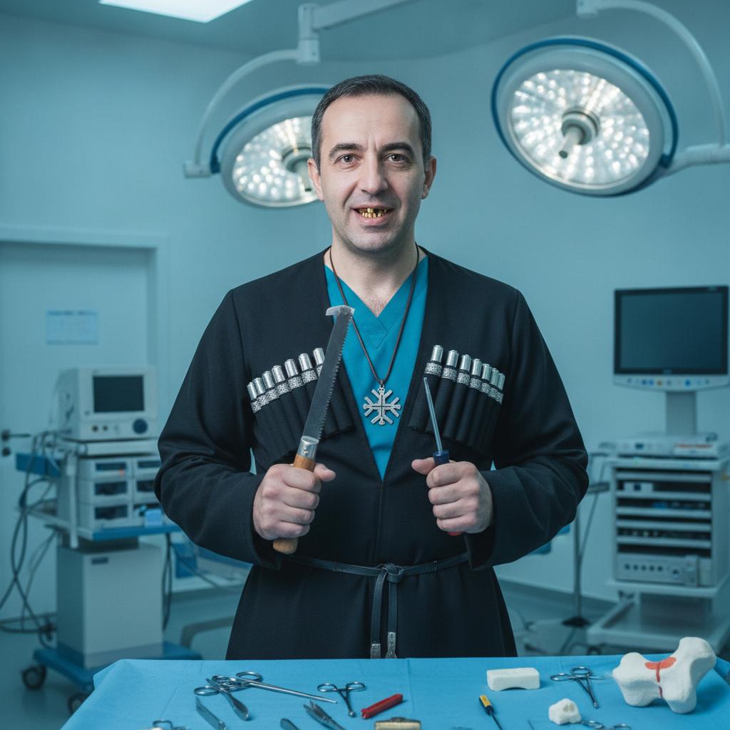 Create a picture of Georgian orthopaedic surgeon with a sew, screw driver and a golden tooth