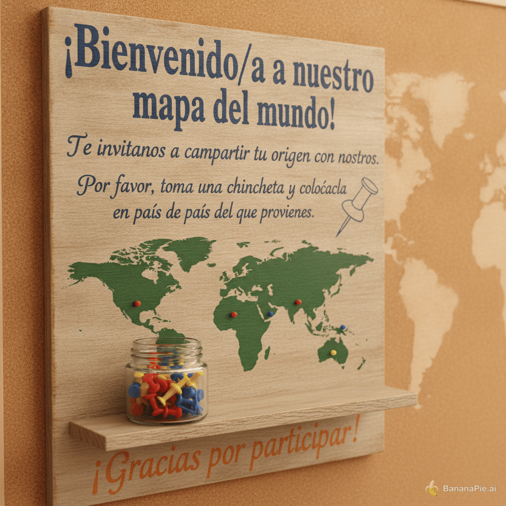 quiero un cartel explicativo que voy a poner en un mapa para que la gente coja una chincheta y la ponga en el pais del mundo de donde venga