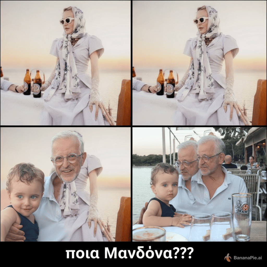 create a collage from above photos. the caption should be "ποια Μαντόνα;;;"