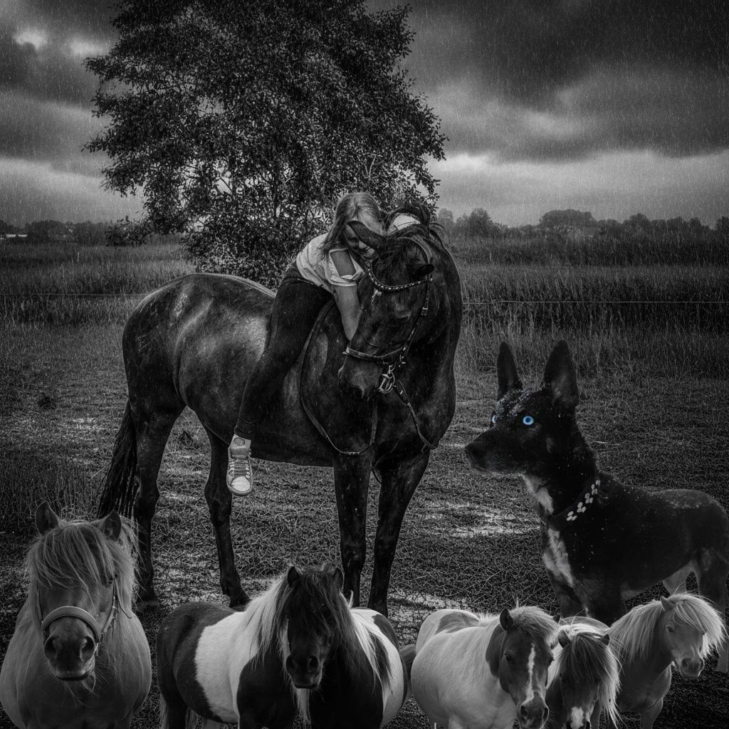 Kannst du mir die 3 Bilder zu einem verschmelzen in schwarz weiss bei Regen aber edel und realistisch.
Die pony unterm Bild und der Hund seitlich nur der Kopf soll zusehen sein