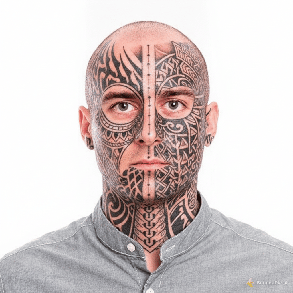 for this image, I need to give me the exact same image, so just edit this original image, and put realistic tattoos on her face that cover 70% of her face. do not enhance the image, just add the tattoos