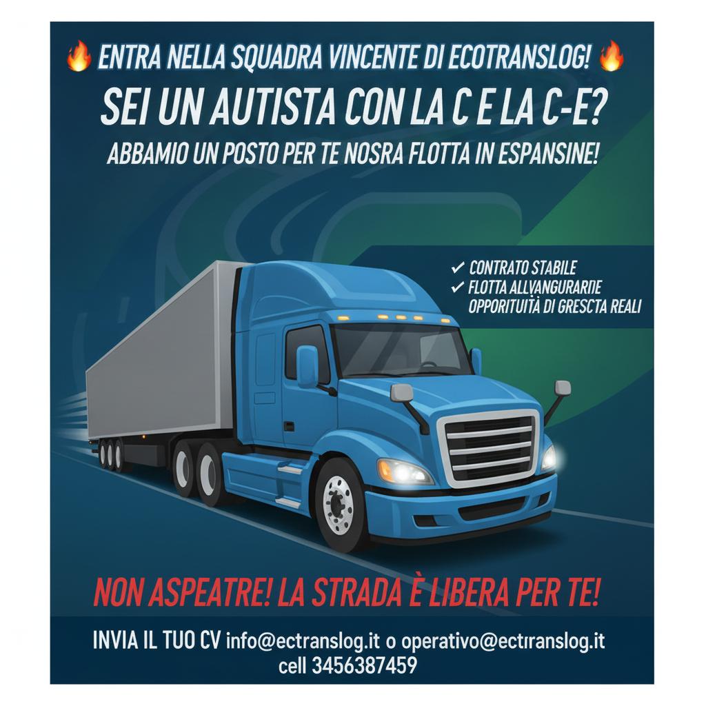 creami annuncio per ricerca di personale
cerchiamo autisti patente C e patente C-E
STIAMO AMPLIANDO LA FLOTTA
offriamo contratto stabile
motrici e bilici
opportunità di crescita
invia il tuo CV info@ecotranslog.it o operativo@ecotranslog.it
cell 3456387459
producimi un bel annuncio utilizzando i colori della nostra livrea inserendo camion e rimorchio annuncio aggressivo e di impatto che invoglia