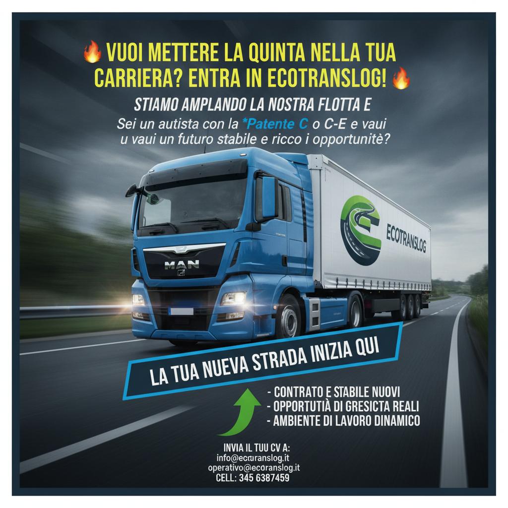 creami annuncio per ricerca di personale

cerchiamo autisti patente C e patente C-E

STIAMO AMPLIANDO LA FLOTTA

offriamo contratto stabile

motrici e bilici

opportunità di crescita

invia il tuo CV info@ecotranslog.it o operativo@ecotranslog.it

cell 3456387459

producimi un bel annuncio utilizzando i colori della nostra livrea inserendo camion e rimorchio annuncio aggressivo e di impatto che invoglia

sul camion e rimorchio metti logo ecotranslog e come camion metti un man tgx 500
