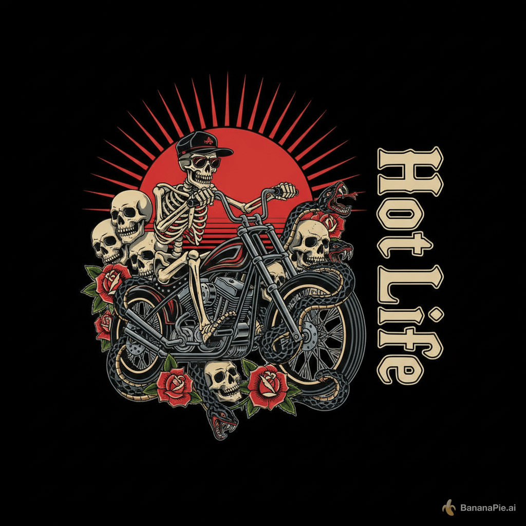 Bold American traditional tattoo style vector graphic for a biker t-shirt, isolated on a clean solid black background. In the center, a full-body human skeleton is dynamically riding a classic vintage custom chopper motorcycle. The skeleton has a fierce expression and is wearing a black biker cap and sunglasses. Entwined around the motorcycle frame are hissing dark serpent snakes. Scattered around the wheels and background are detailed human skulls and blooming red roses with sharp green thorns. In the background, a large solid red sun with radial rays expanding outwards. On the vertical side of the main graphic, there is clean typography text aligned sideways that explicitly reads "Hot Life" in a stylized, bold, vintage biker font. High-contrast colors, sharp clean lines, screen printing style, sticker design, 2D vector art, no realistic photo elements.