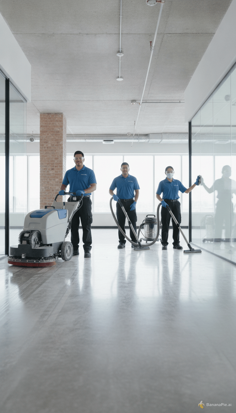 Ultra-realistic cinematic vertical reel (9:16), 10 seconds duration, designed for social media advertising.
2
3
Scene location: modern office building and commercial premises under construction. Bright professional environment, clean, realistic workplace.
4
5
Characters:
6
One Latino man and one Latina woman, age 30-45, professional cleaners with realistic Latin American features. They wear appropriate professional uniforms and PPE according to the machinery used: safety footwear, gloves, protective glasses and hearing protection where necessary.
7
8
Video sequence (10 seconds):
9
10
0-2 seconds:
11
Close-up of an industrial floor scrubber machine starting up. Dynamic camera movement. Professional cleaning equipment in action.
12
13
2-5 seconds:
14
The Latino man operates a professional floor scrubber across a large office floor. The Latina woman cleans glass walls and surfaces using professional cleaning tools. Fast-paced commercial editing.
15
16
5-8 seconds:
17
Transition to a commercial space under construction. Both professionals work efficiently with industrial vacuum cleaners and cleaning equipment, preparing the premises for opening.
18
19
8-10 seconds:
20
Wide cinematic shot of the finished spotless space. Shiny floors, clean surfaces. The man and woman stand confidently beside the professional machinery, smiling proudly at the camera.
21
22
Visual style:
23
Premium corporate advertisement, cinematic quality, ultra-realistic, professional training promotion, inspiring employment opportunity.
24
25
Camera:
26
Smooth tracking shots, close-ups of machinery, detailed cleaning actions, shallow depth of field, dynamic transitions, energetic pacing.
27
28
Lighting:
29
Natural bright lighting, realistic reflections, professional commercial look.
30
31
Quality:
32
4K ultra HD, photorealistic, highly detailed faces, realistic human movements, realistic PPE, sharp focus.
33
34
Mood:
35
Motivational, professional, trustworthy, career growth, employment-focused.
36
37
No logos, no watermark, no text overlays, no animation, no cartoon style, no unrealistic faces, no distorted hands, no blurred machinery, no low-quality rendering.