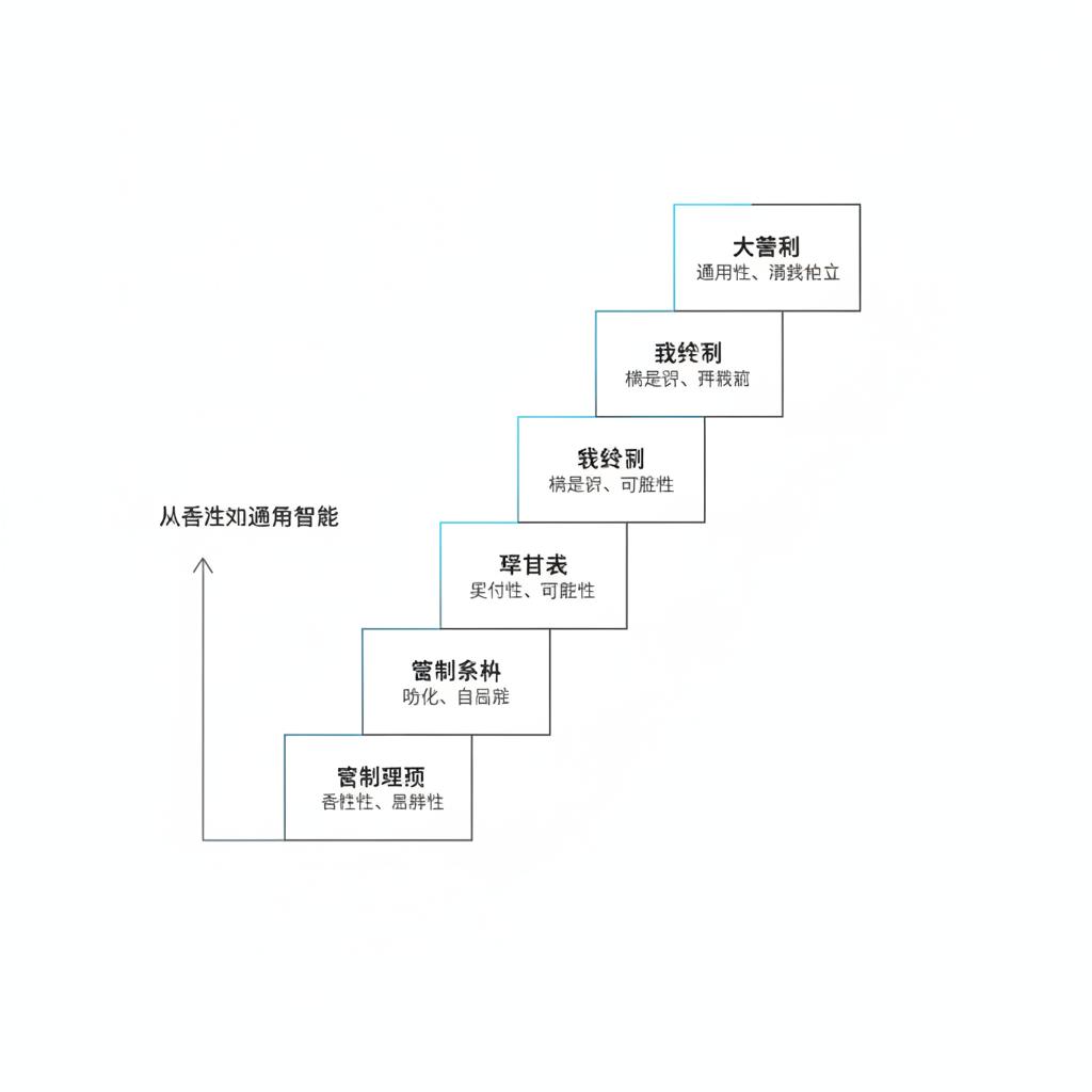 五层阶梯架构图
极简扁平化技术信息图，竖向五层阶梯从下到上排列，黑白灰主色调加浅科技蓝点缀，纯细线条设计，无渐变无 3D 效果无多余装饰。每层台阶内标注对应领域：控制理论、控制算法、嵌入式、机器学习、大模型，旁边小字标注核心命题。左侧一根细箭头贯穿五层向上，上方标注文字「从稳定到通用智能」。画面留白充足，排版克制，符合技术博客插图风格。