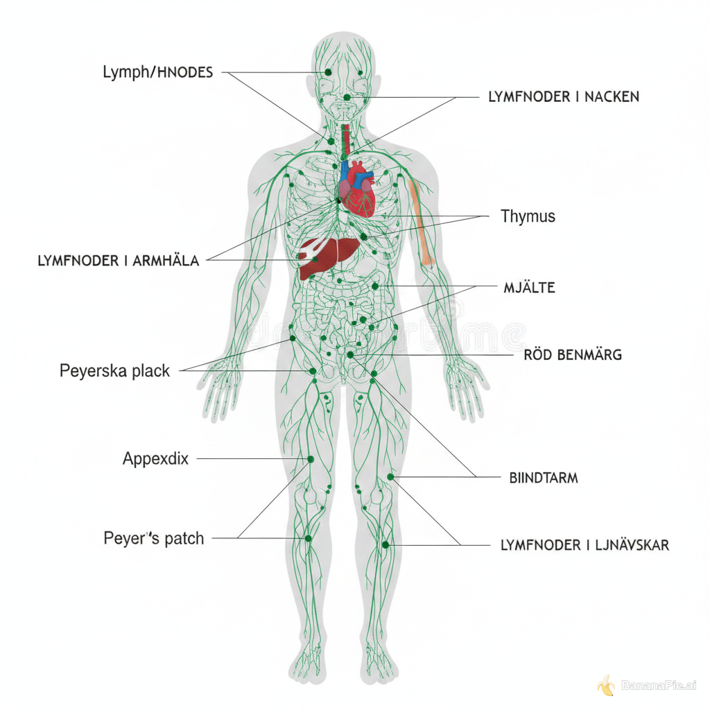 I would like a picture of the human lymphatic system and the lymphatic organs. All organs with name tags in swedish