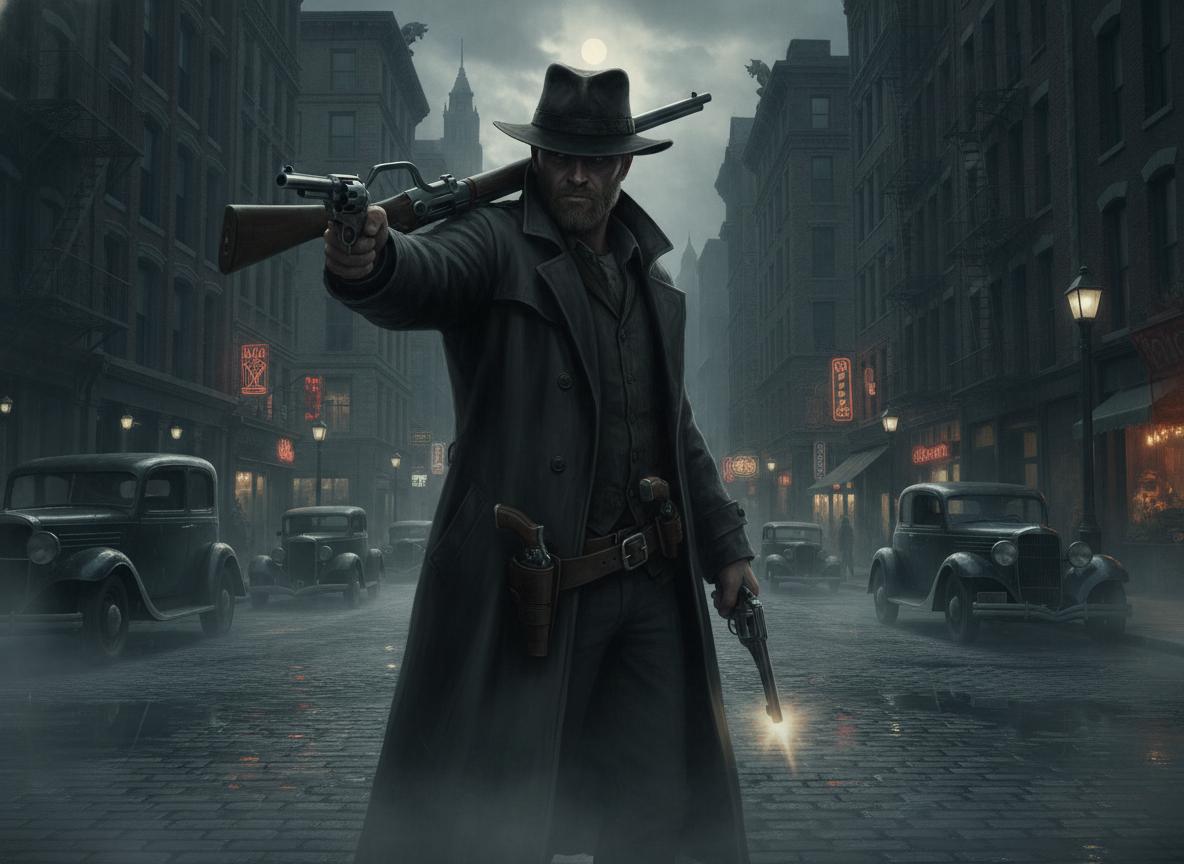 Portrait is in a landscape format - a 1930's Boston streets. atmosphere is gothic and neo-noir. gunslinger with trench coat and fedora hat. the gunslinger is holding a 30-30 lever action Winchester upon his shoulder with one hand. his other hand has a colt revolver pointing at the viewer. the gunslinger is standing in the center of the street. the face is visible. light up by street lights. the gunslinger has 2 more revolvers in his waist belt. the gunslinger has a light beard.